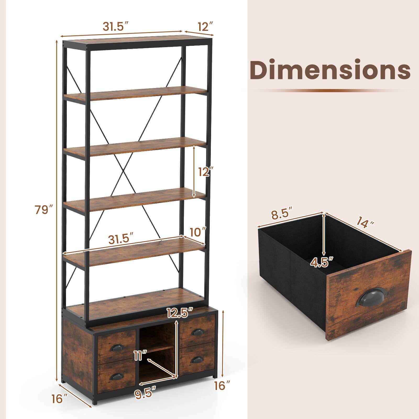 Dimensions: 31.5", 12", 79", 31.5", 10", 8.5", 4.5", 14", 12.5", 11", 16", 9.5", 16"