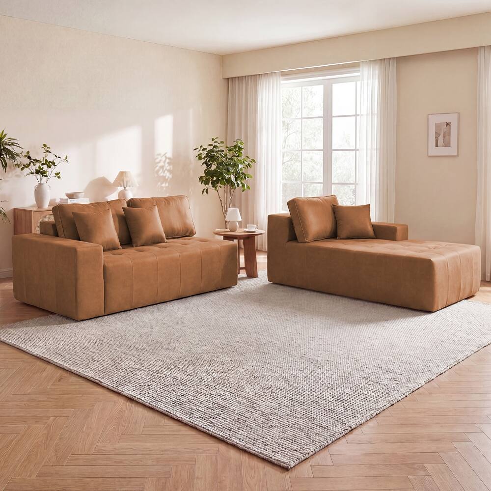 Angle. Loheer - Loheer Faux Leather Sofa Bed L-Shaped Sectional Couch Corner Chaise Light Brown - Light Brown.