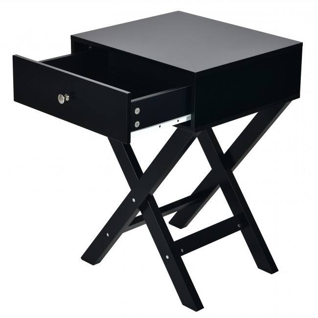 Angle. Hivvago - Retro Black X-Shape 1 Drawer Nightstand Coffee Table - Black.