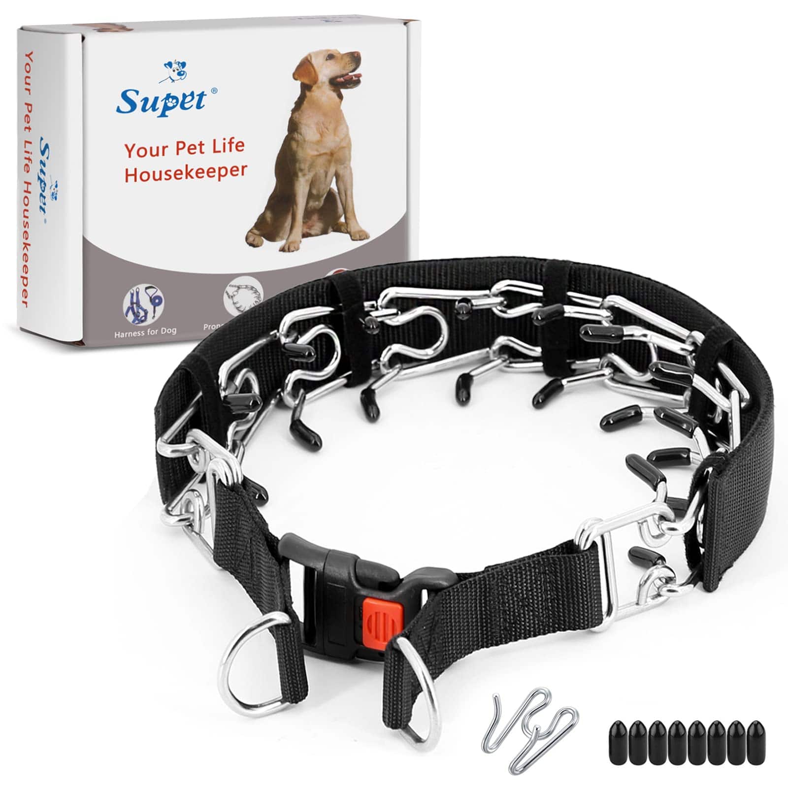 Supet - Dog Prong Collar, Adjustable Dog Pinch Collar with Quick Release Buckle/Nylon Cover for Dogs - Black