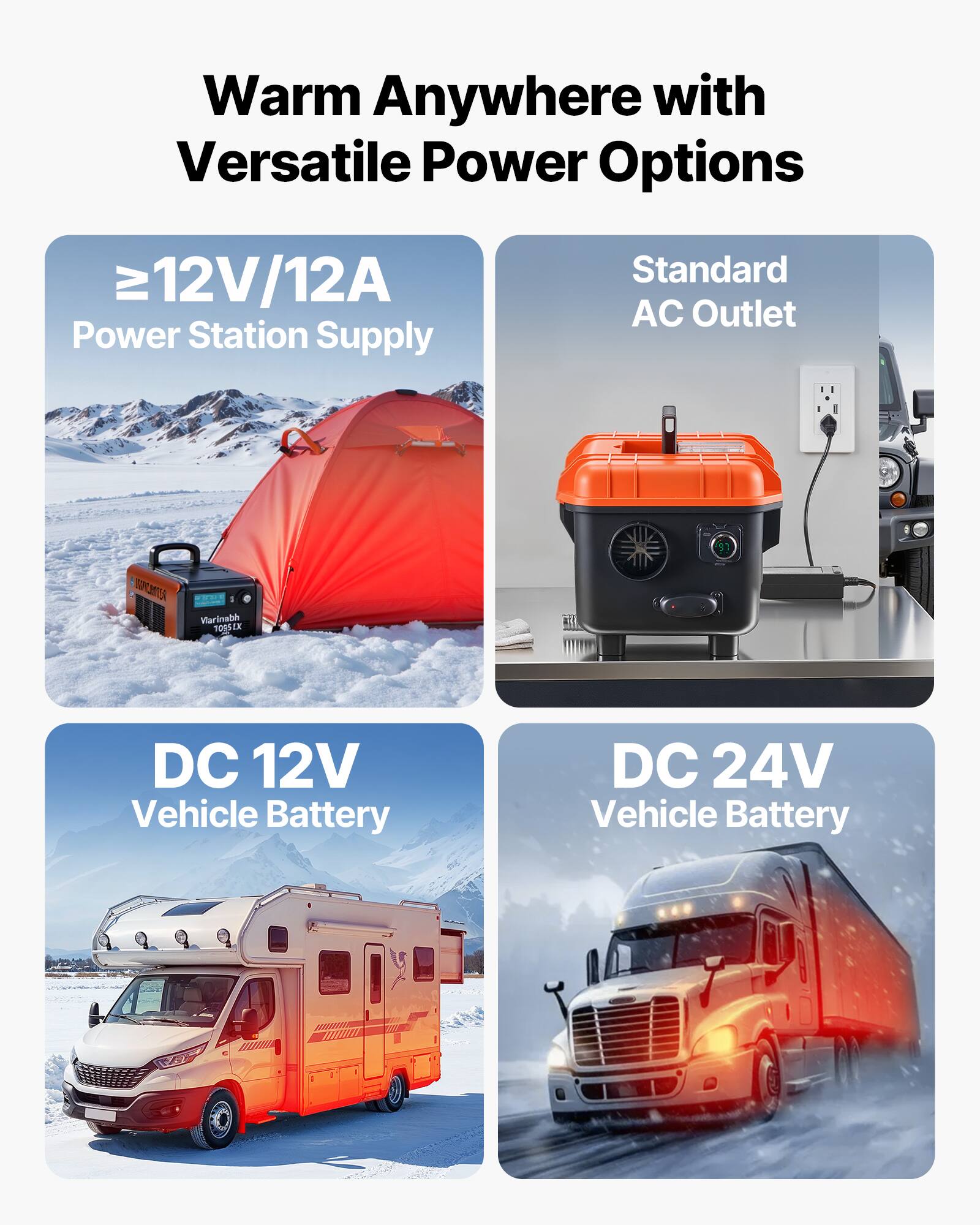 Warm Anywhere with Versatile Power Options

- ≥12V/12A Power Station Supply
- Standard AC Outlet
- DC 12V Vehicle Battery
- DC 24V Vehicle Battery