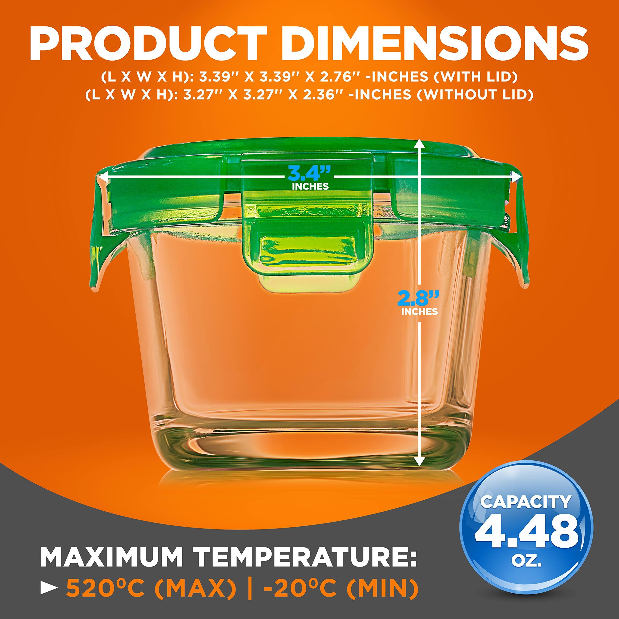 PRODUCT DIMENSIONS (L X W X H): 3.39" X 3.39" X 2.76" -INCHES (WITH LID)  
(L X W X H): 3.27" X 3.27" X 2.36" -INCHES (WITHOUT LID)  
CAPACITY: 4.48 OZ.  
MAXIMUM TEMPERATURE: 520°C (MAX) | -20°C (MIN)