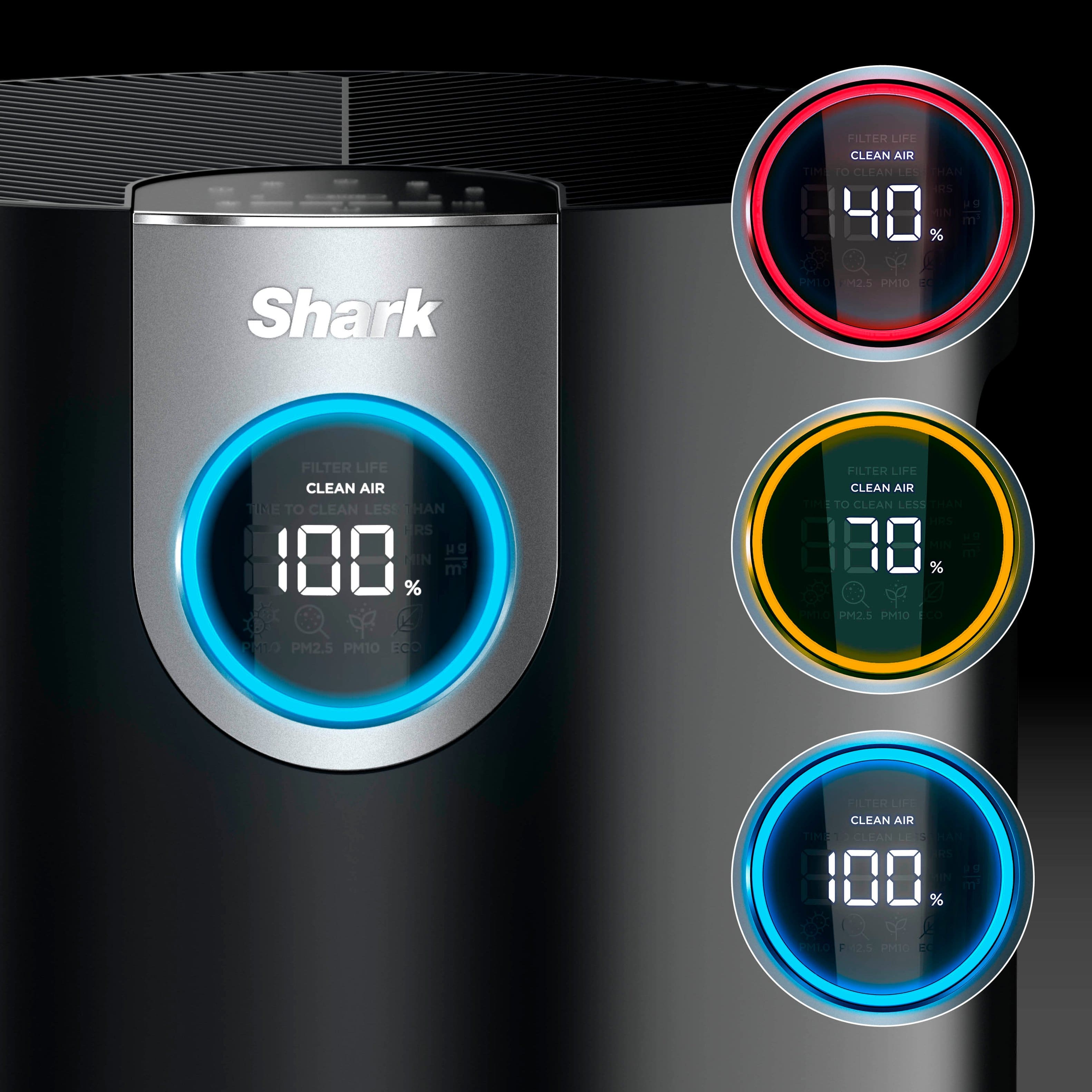 Shark Filter Life Clean Air Time to Clean Less Than 1 Hour 93% 300 Min 70% 400% PM2.5 PM10 100% 100% 100% 100%