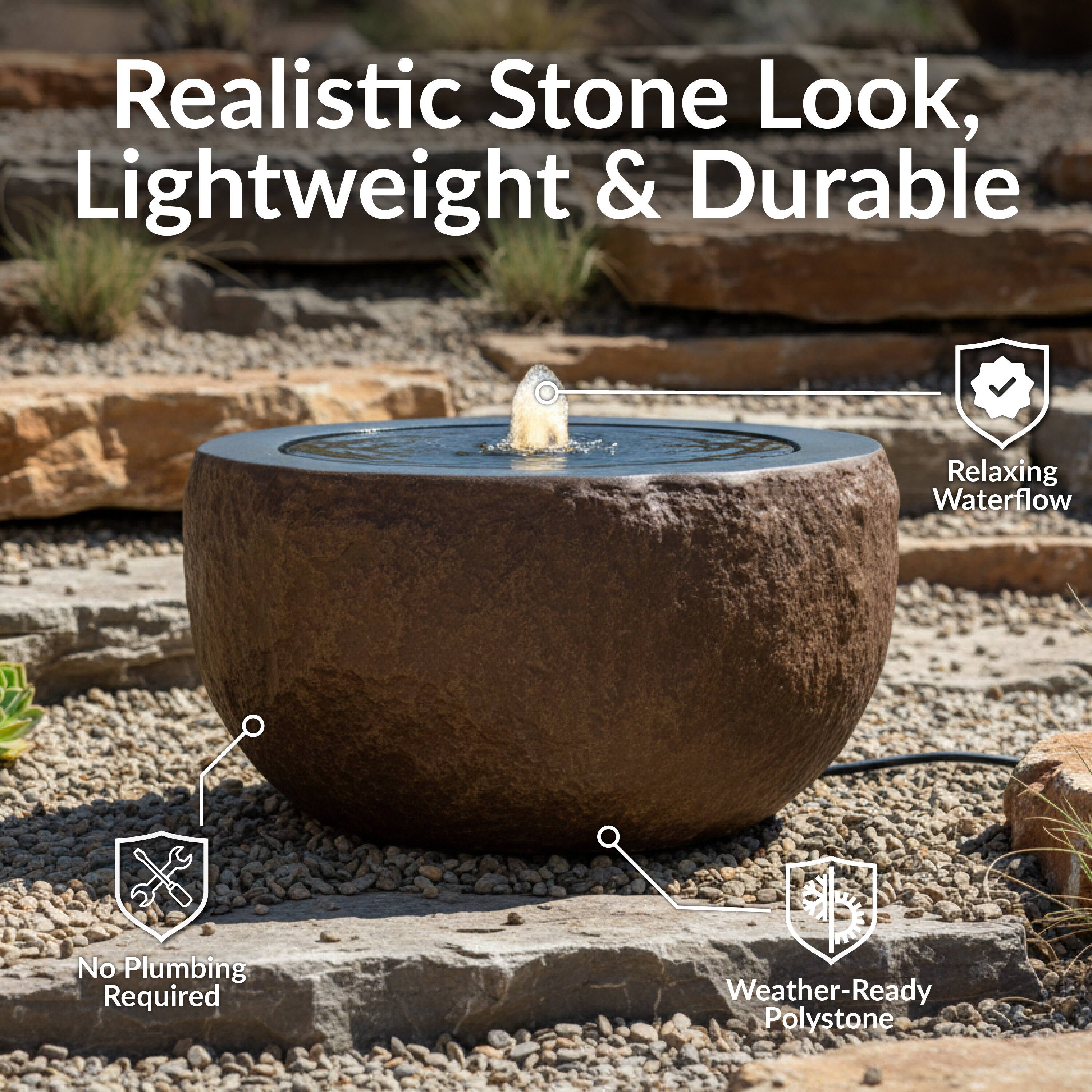 Realistic Stone Look, Lightweight & Durable

- Relaxing Waterflow
- No Plumbing Required
- Weather-Ready Polystone