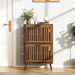 Kadyn - Resenkos 23.6-Inch Modern Shoe Storage Cabinet with Adjustable Louvered Doors - Walnut - Brown