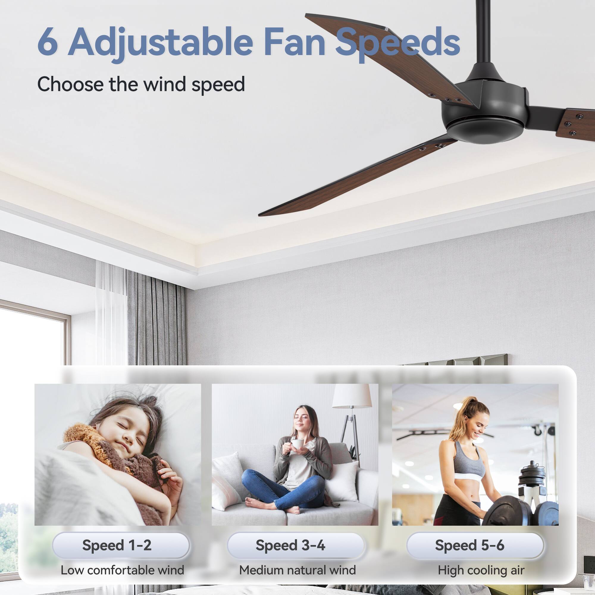 6 Adjustable Fan Speeds

Choose the wind speed

Speed 1-2 Low comfortable wind

Speed 3-4 Medium natural wind

Speed 5-6 High cooling air