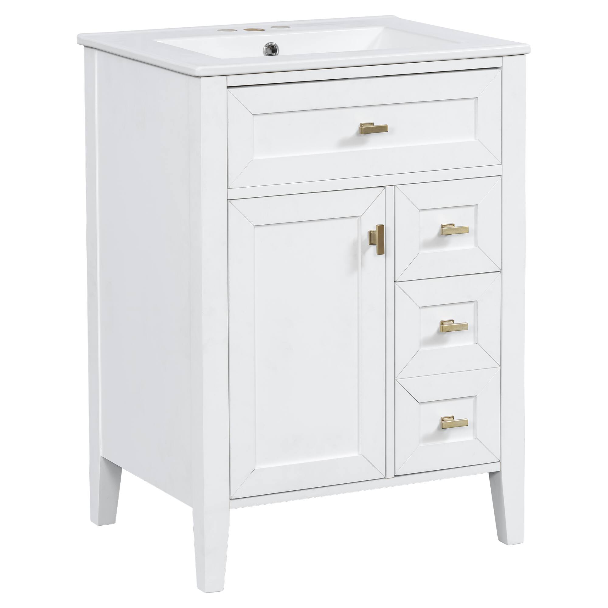 Left. Whisen - 24-Inch Freestanding Bathroom Vanity with Ceramic Sink, 3 Drawers & 2 Door Storage Rack - White.