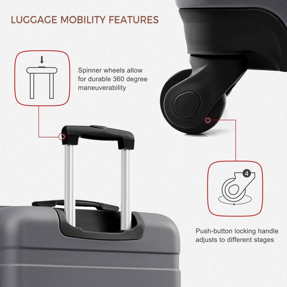 LUGGAGE MOBILITY FEATURES

Spinner wheels allow for durable 360 degree maneuverability

Push-button locking handle adjusts to different stages