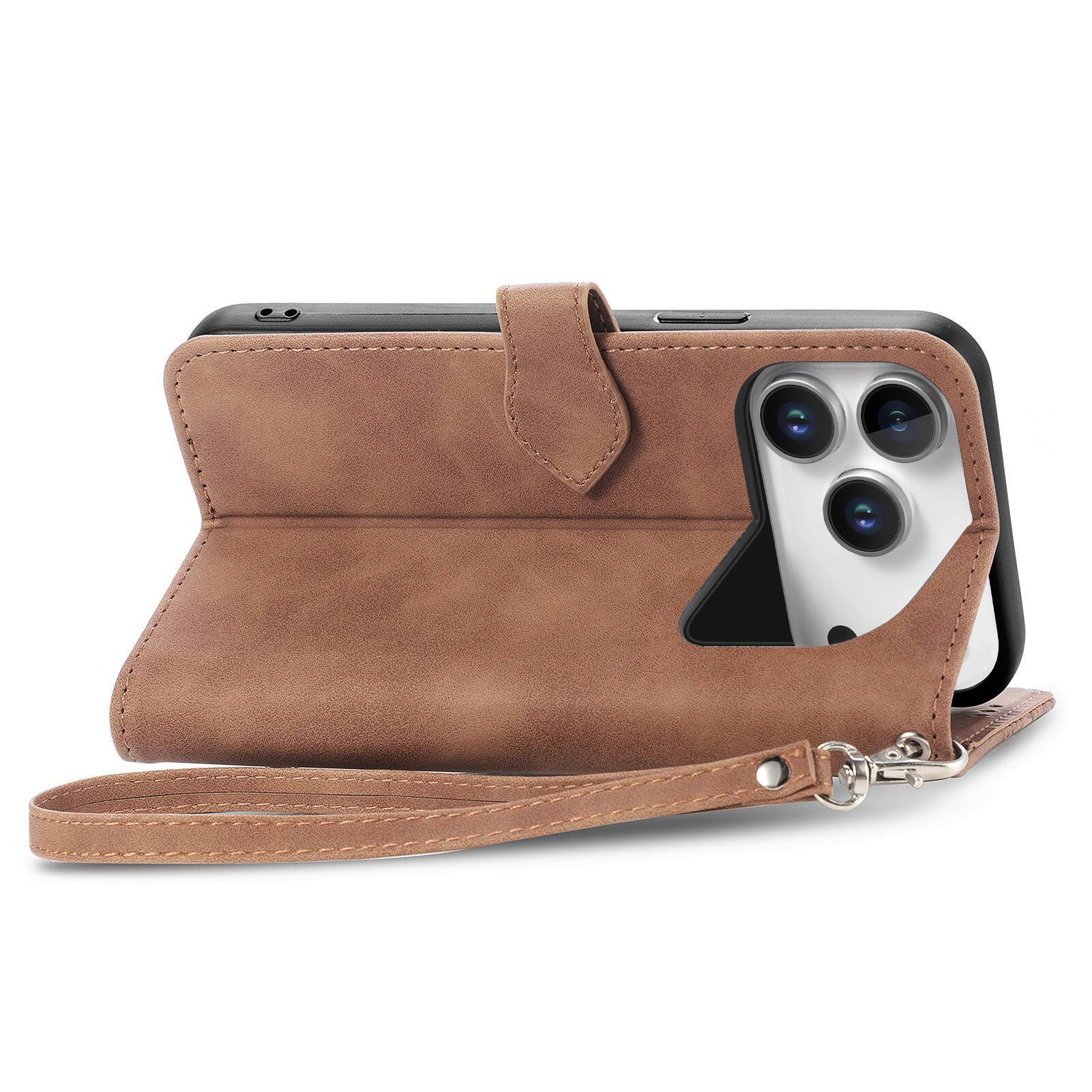 Left. Dteck - for Apple iPhone 17 Pro Max Wallet Case,Folio Shockproof PU Leather Card Holder Cover with Zipper Pocket & Wrist Strap - Brown.