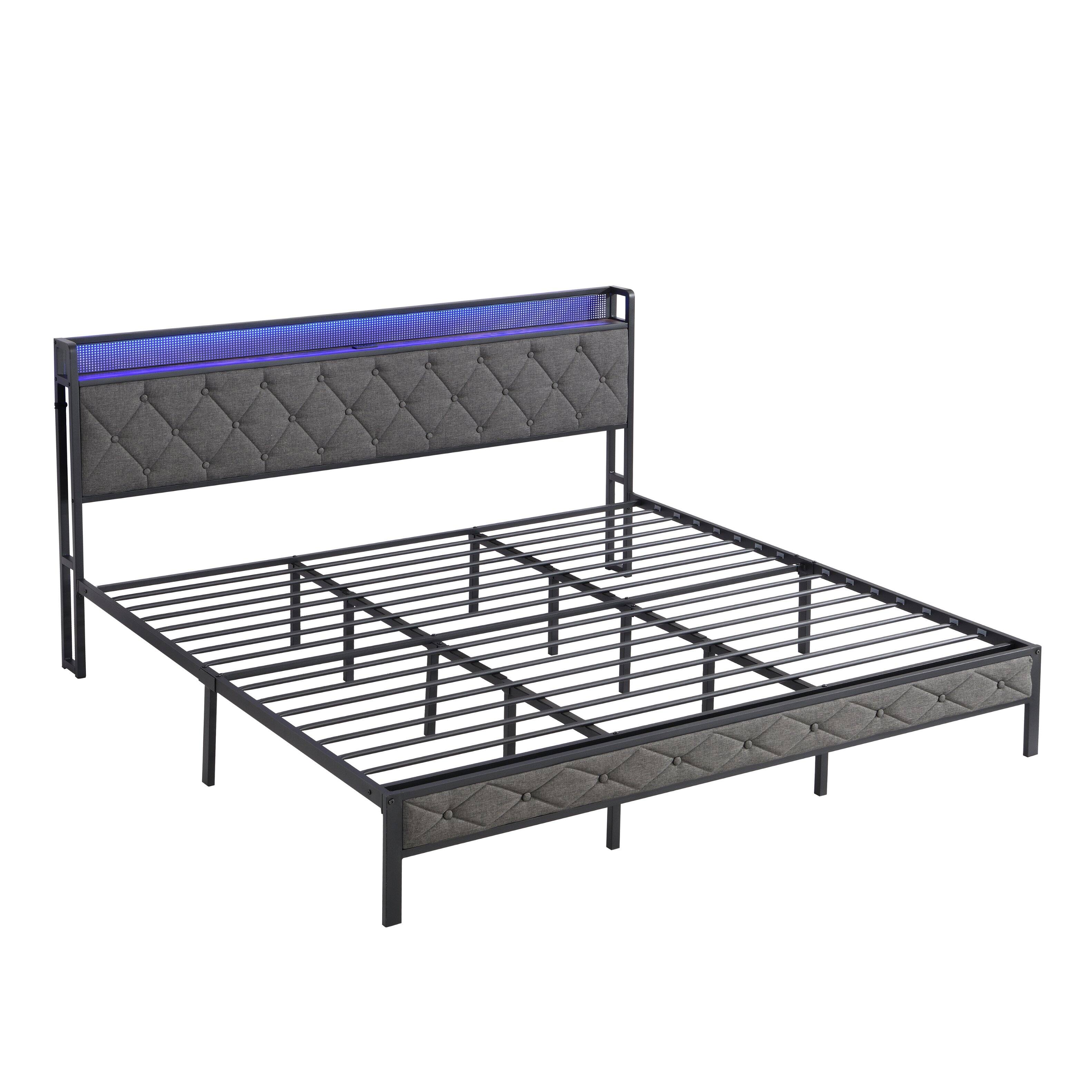 Alt View 4. LUCKY ONE - King Size Upholstered Bed Frame with Storage Headboard,Charging Station and LED Lights - Gray.