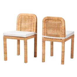 bali & pari - Zariah Modern Bohemian Rattan and Mahogany Wood 2-Piece Dining Chair Set - White/Natural Brown