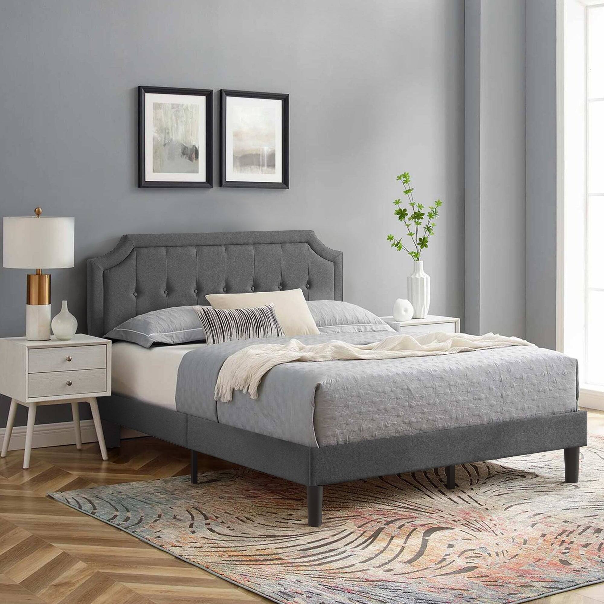 Angle. Vecelo - Linen Upholstered Queen Size Bed Frame with Adjustable Headboard - Noise Free Platform Bed, 8" Under Bed Storage - Dark Grey.