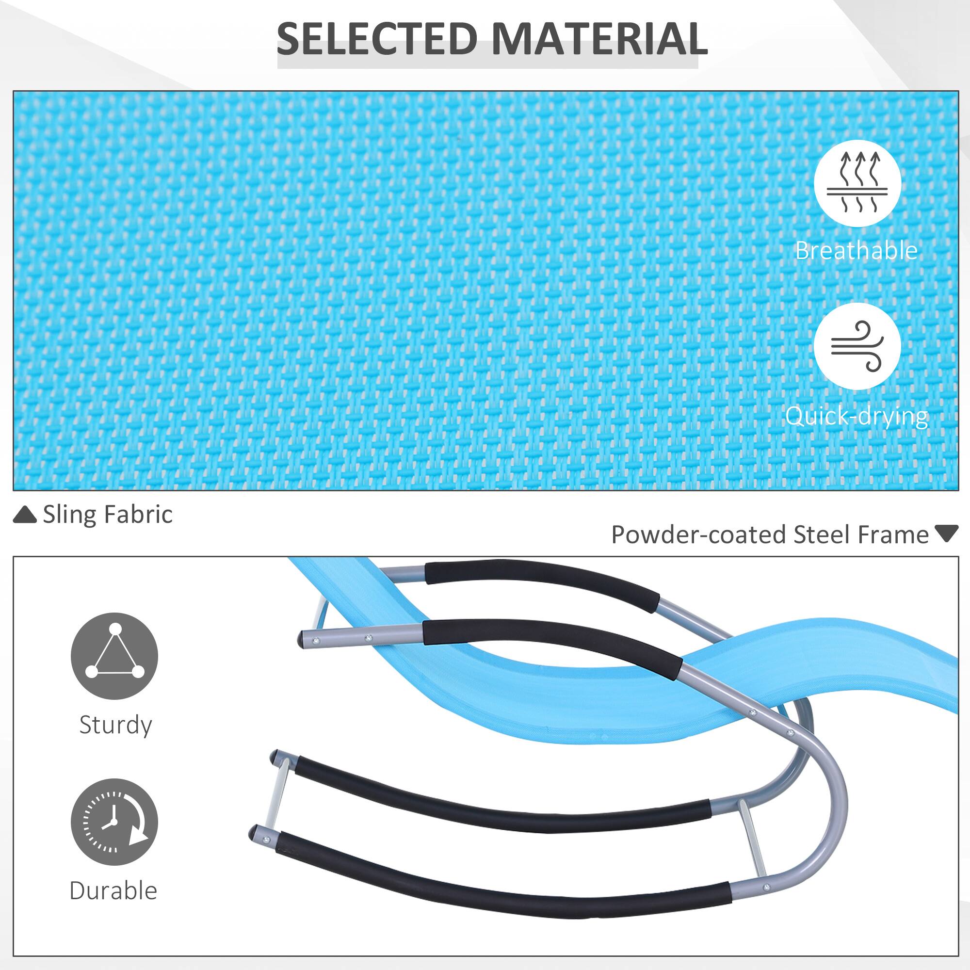 SELECTED MATERIAL

Sling Fabric

Powder-coated Steel Frame

Breathable

Quick-drying

Sturdy

Durable