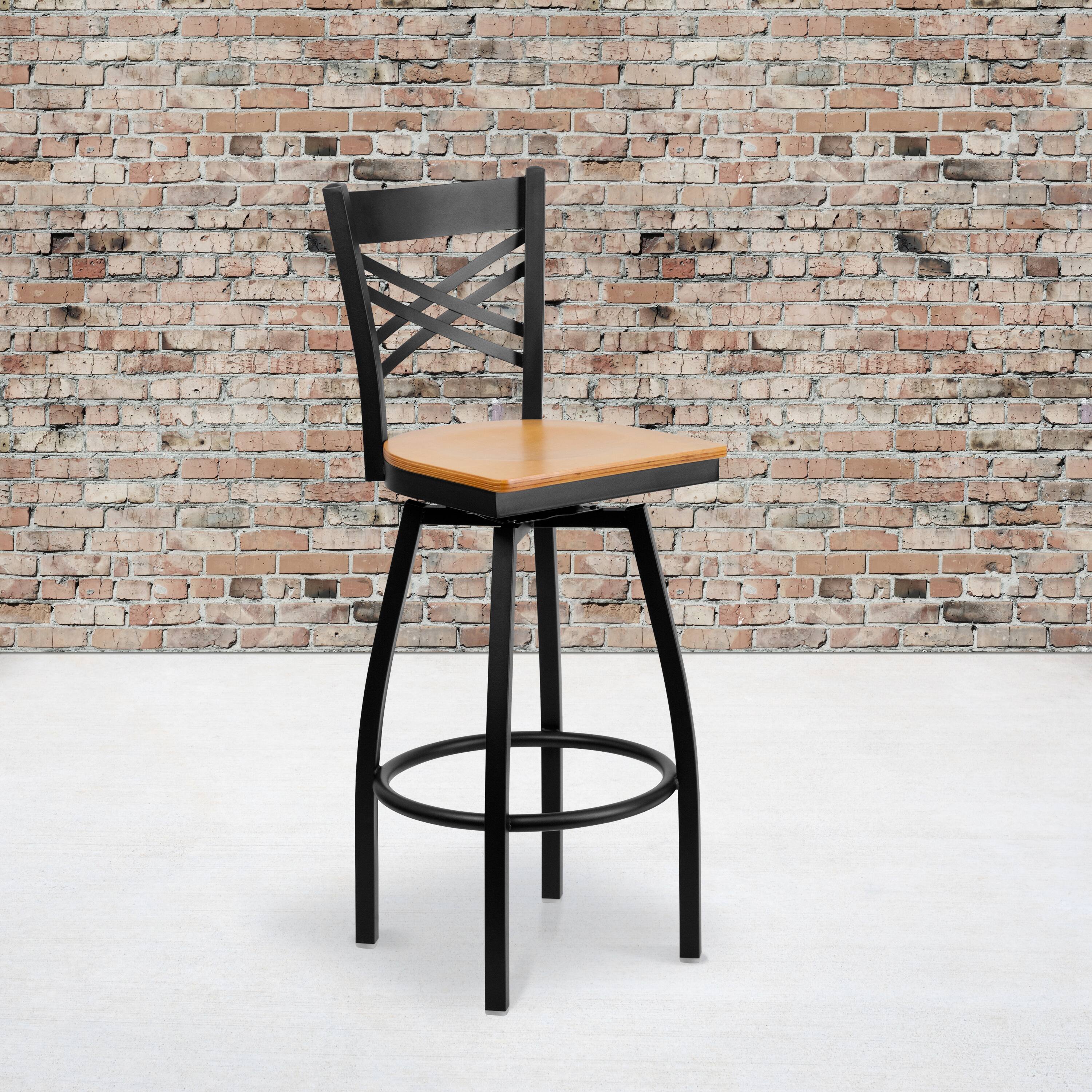 Alt View 1. Emma + Oliver - "X" Back Swivel Metal Restaurant Dining Barstool - Natural Wood Seat/Black Metal Frame.