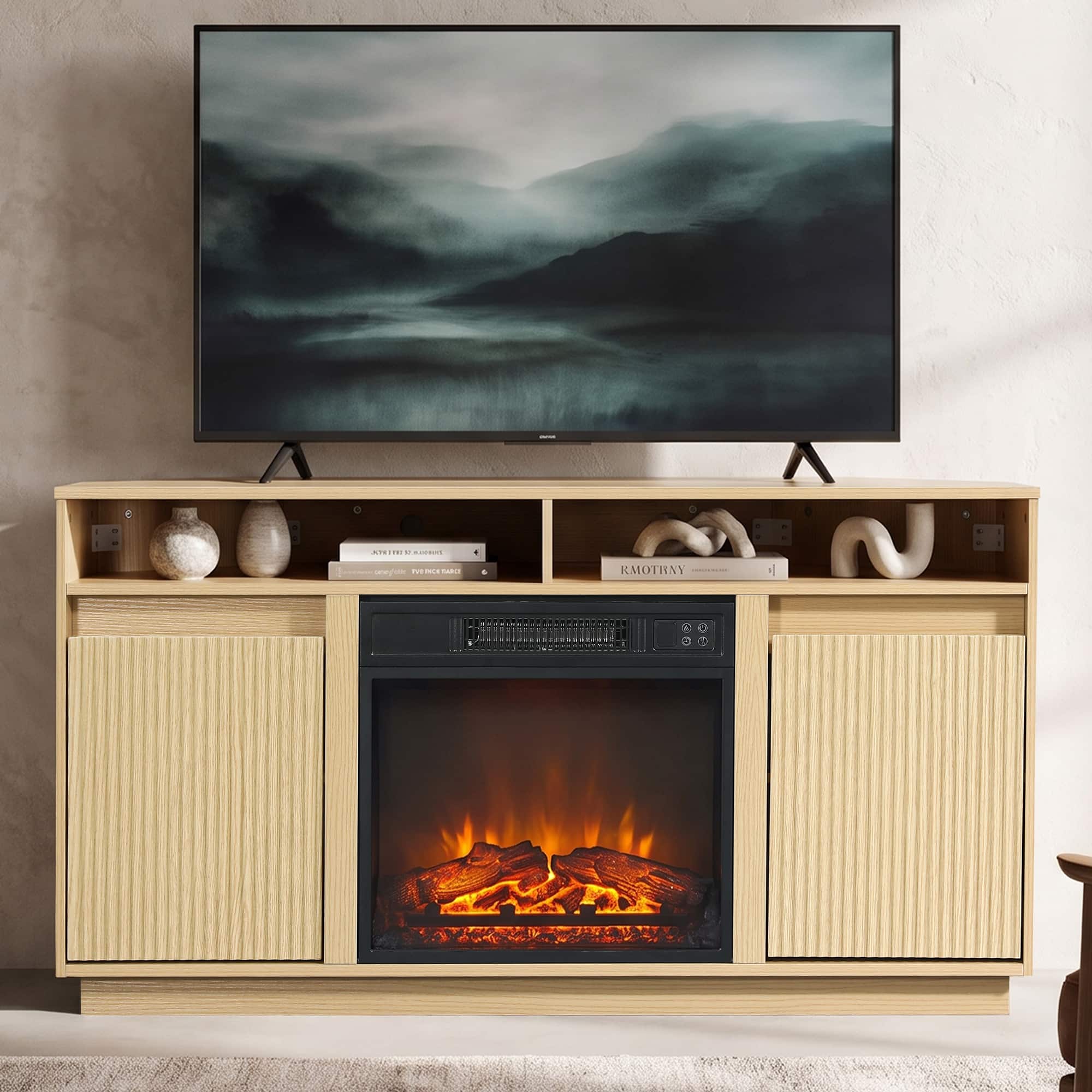 Ihomeadore - 47" Modern Minimalist Fluted Corner TV Stand Media Console with 18" Electric Fireplace for TVs up to 55" - Light Oak