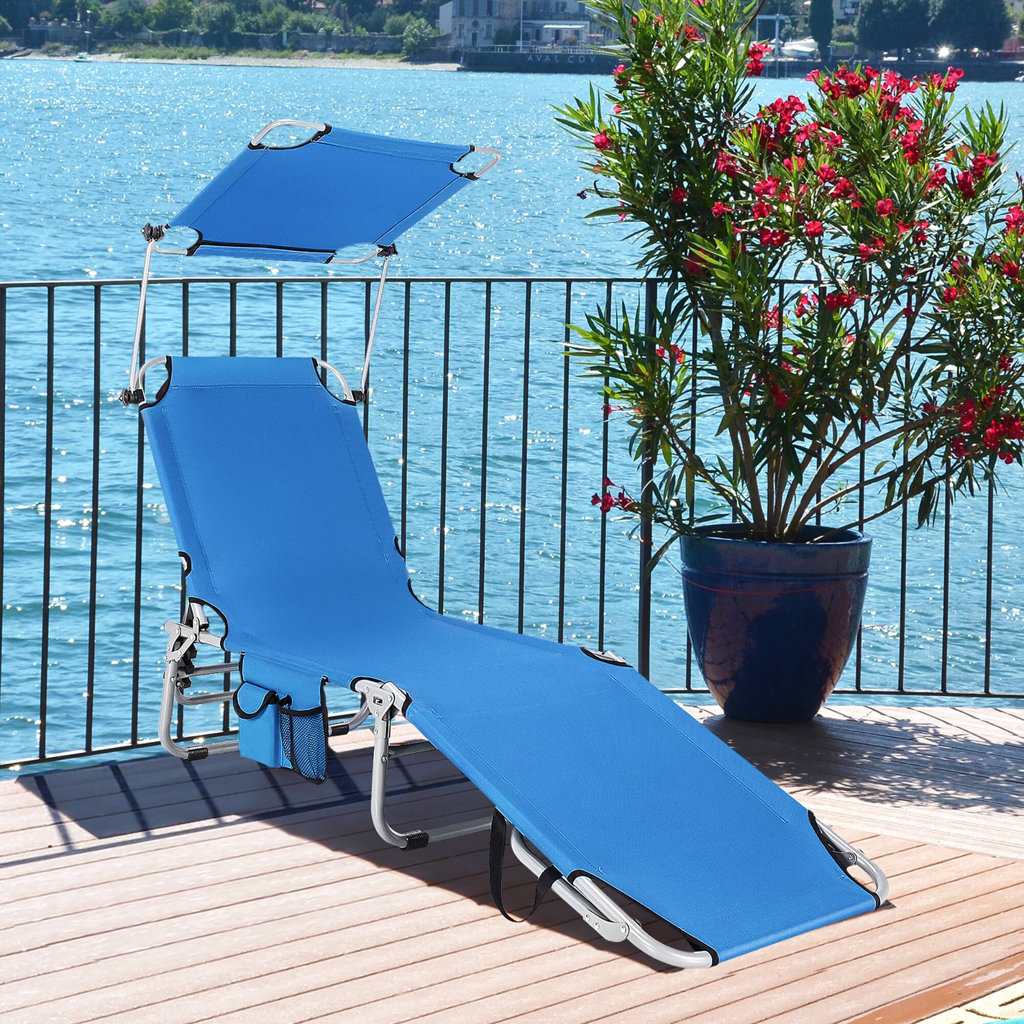 Alt View 1. Costway - Costway Foldable Lounge Chair Outdoor Adjustable Beach Patio Pool Recliner with Sun Shade - Blue.