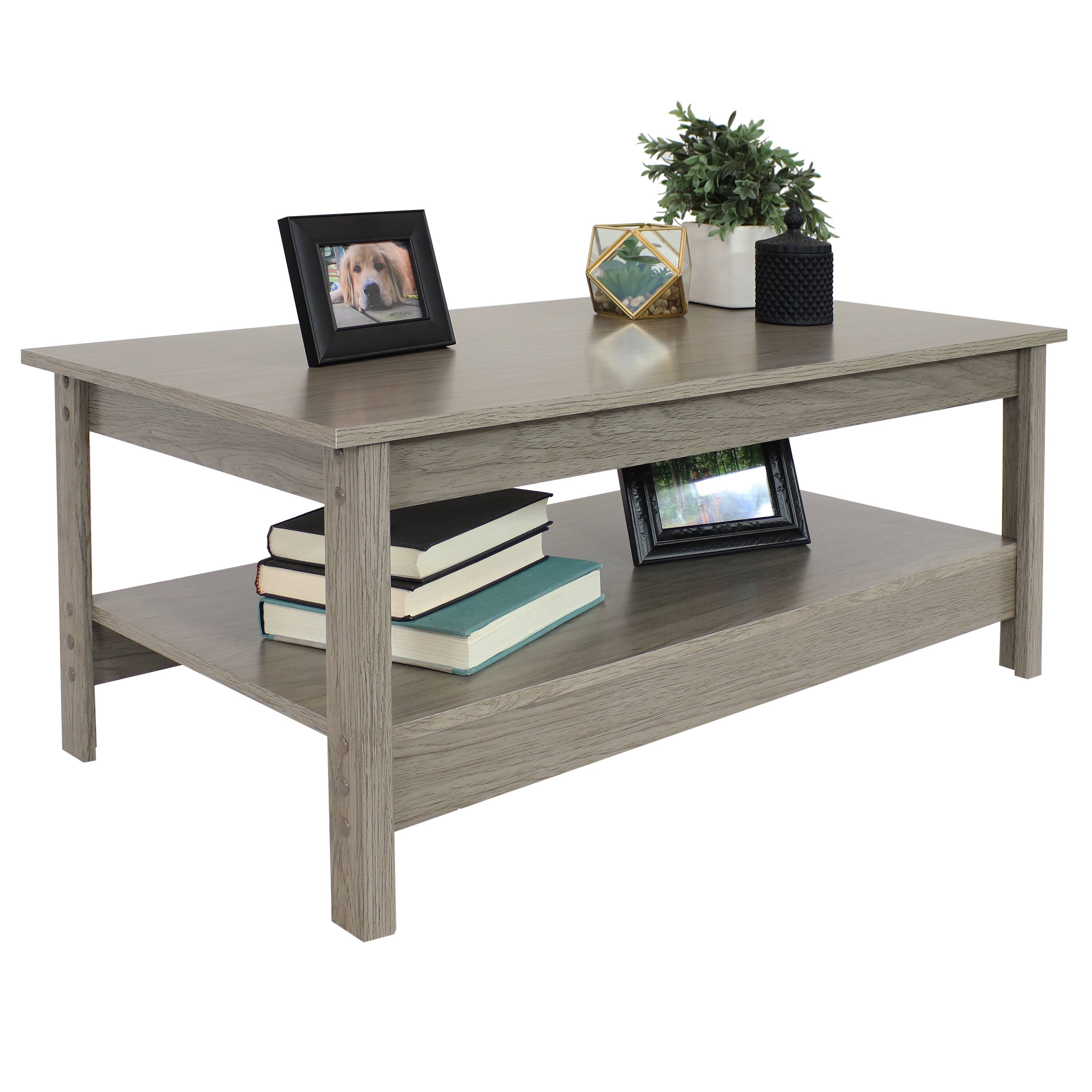Alt View 4. Sunnydaze - Classic MDF Coffee Table with Lower Shelf - 16 in - Thunder Gray.