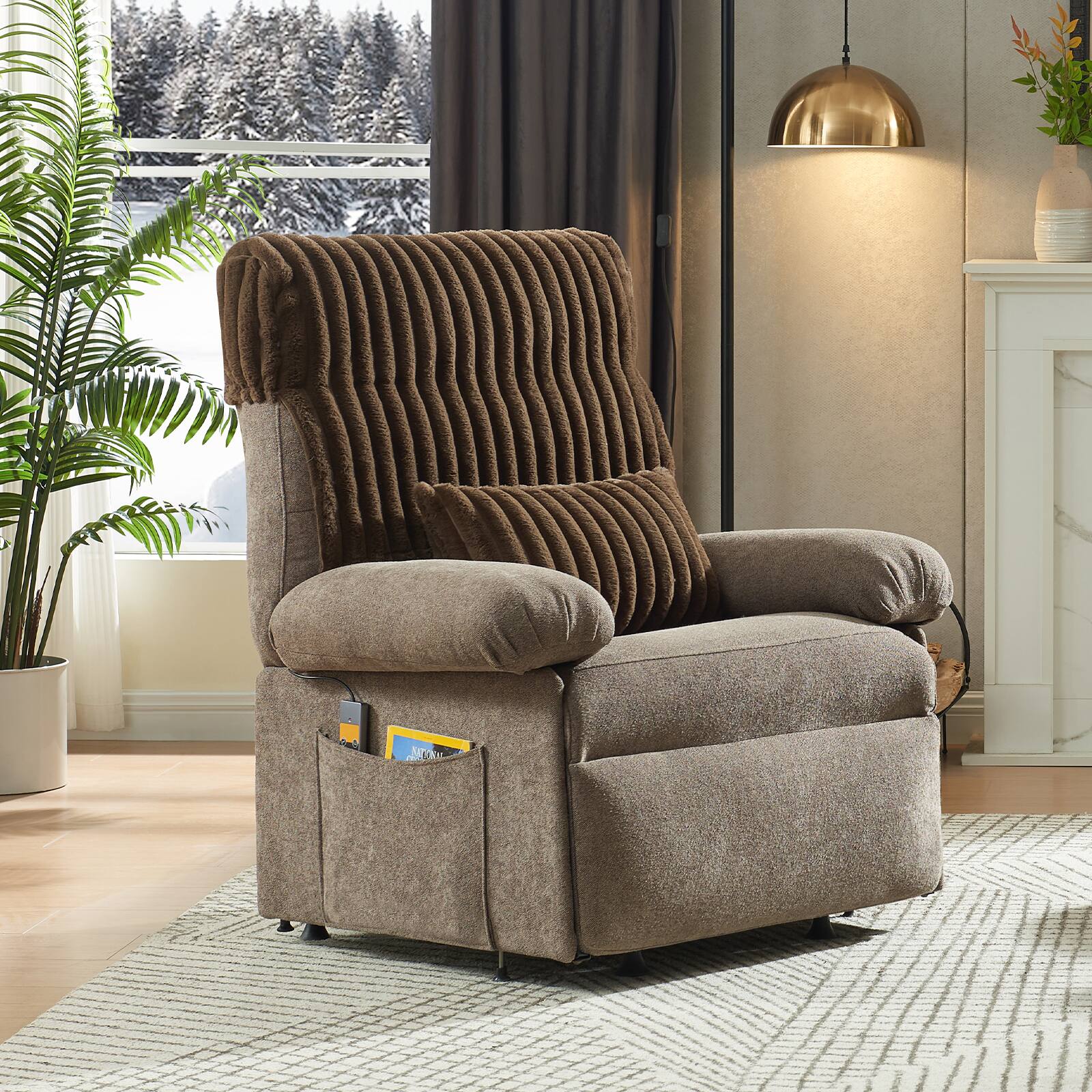 Alt View 3. Bestier - Triple Motor Power Lift Recliner Chair with Removable Cover Lumbar Pillow and Side Pocket - Coffee.