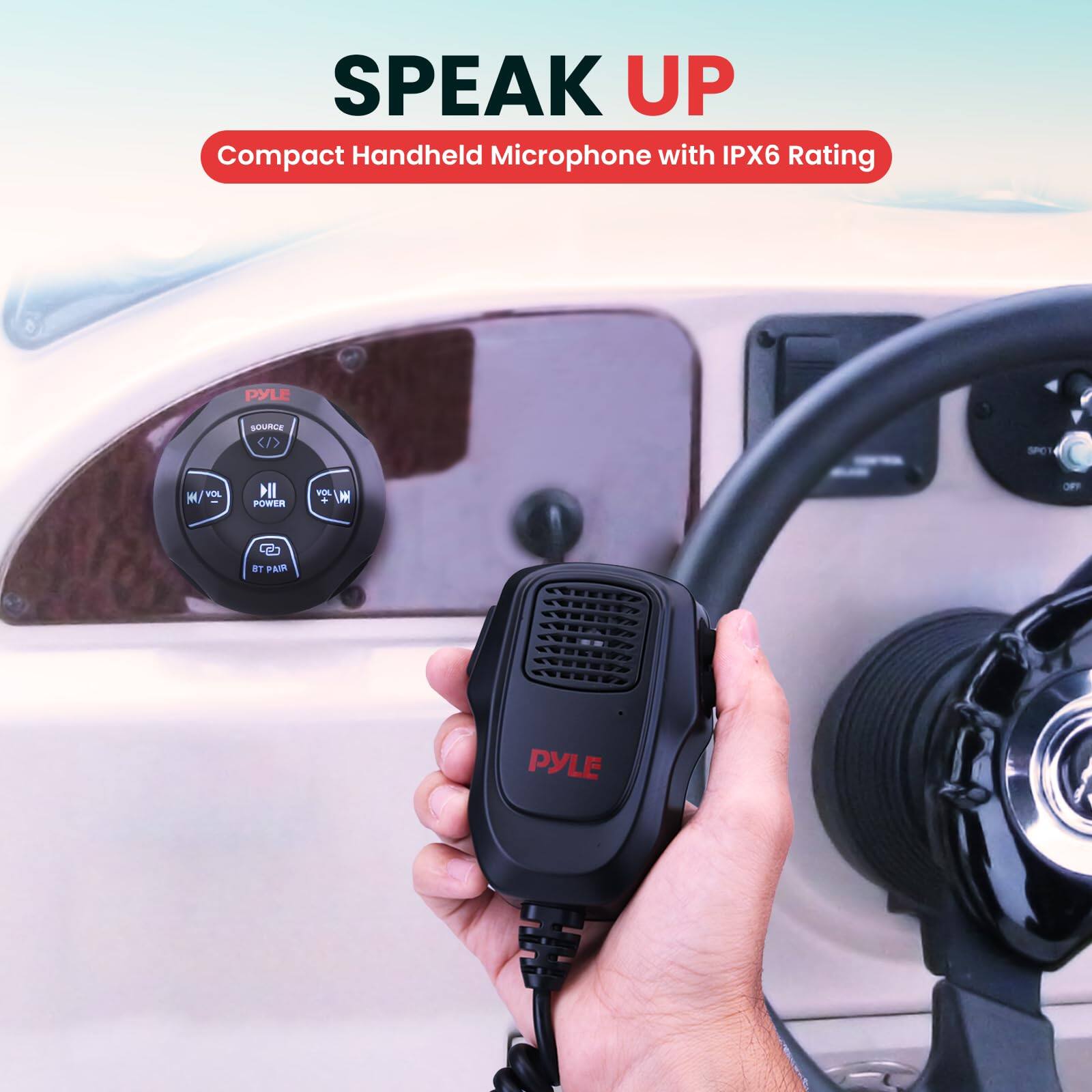 SPEAK UP  
Compact Handheld Microphone with IPX6 Rating  

PYLE  
SOURCE  
VOL  
POWER  
BT PAIR