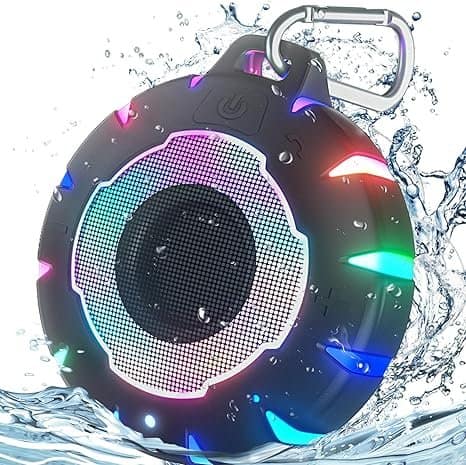 PRIMEPLUS - Portable Shower Bluetooth Speaker - IP67 Waterproof, 12Hr Battery, Stereo Pairing with Carabiner for Pool, Beach - Black