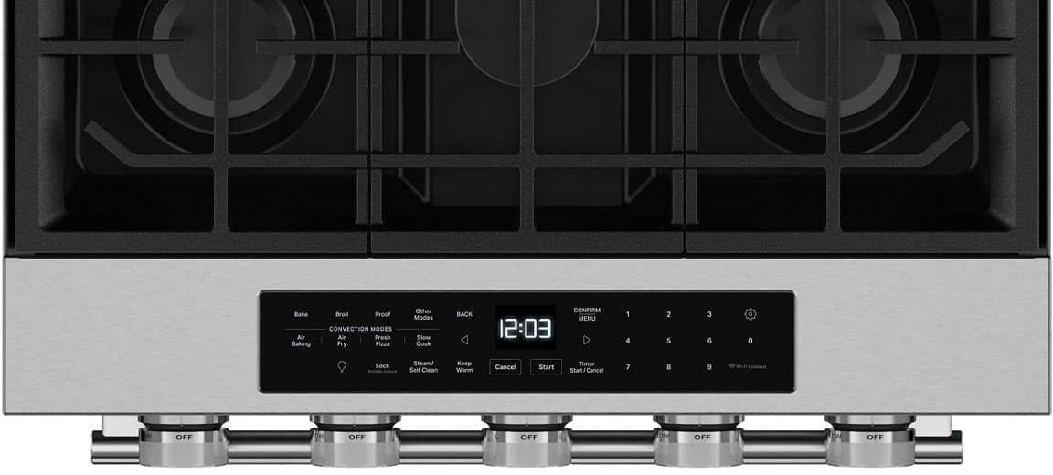 Sure, here is the corrected and grouped text from the image:
**Bake Air Baking Broil Proof CONVECTION MODES Air Fresh Fry Pizza Other Modes**
**Shome Cook BACK CONFIRM MENU**
**12:03**
**1 2 3 4 5 6 7 8 9 0**
**Lock Steam/ Self Clean Keep Warm Cancel Start Timer**
**WiA OFF OFF OFF OFF OFF**