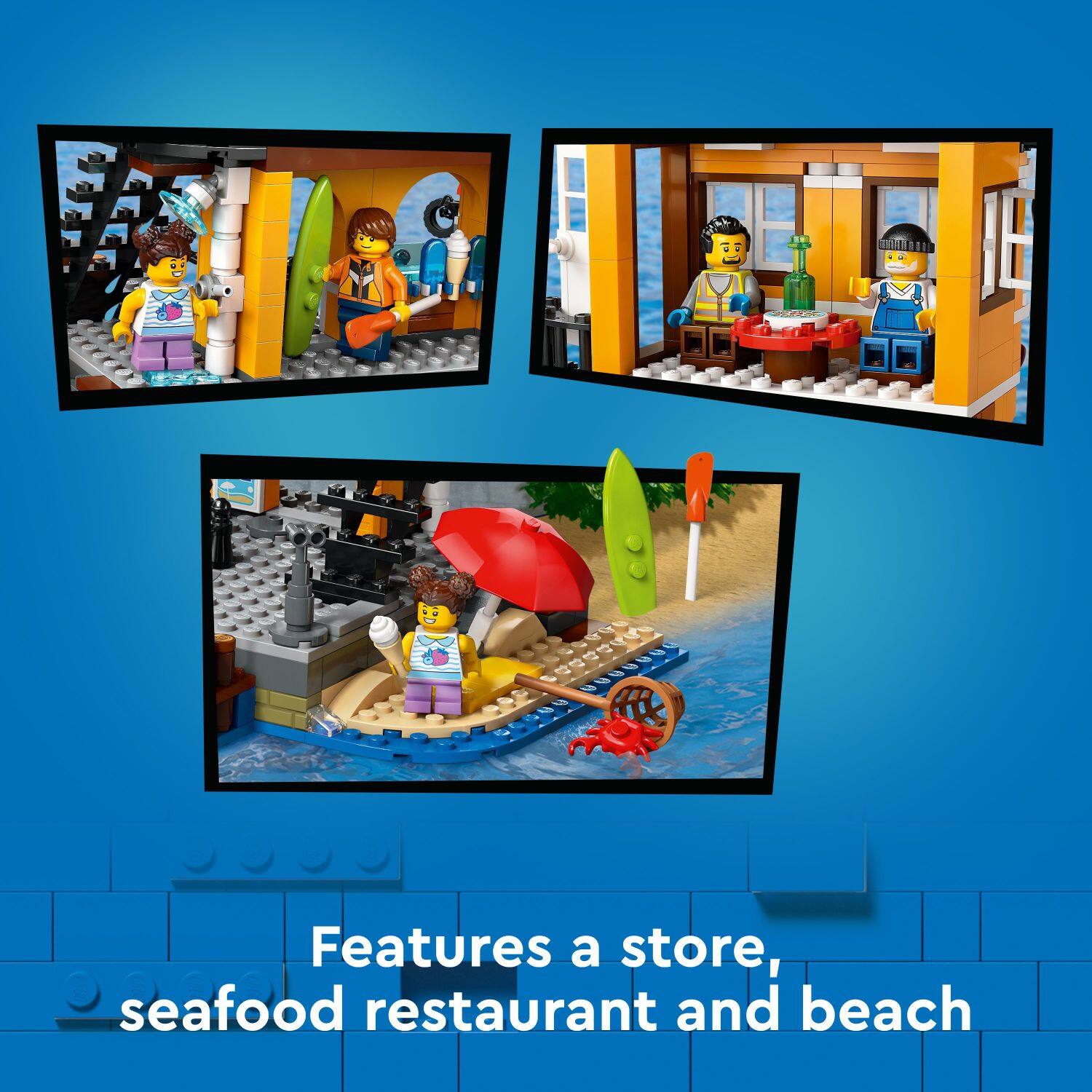 Features a store, seafood restaurant, and beach.