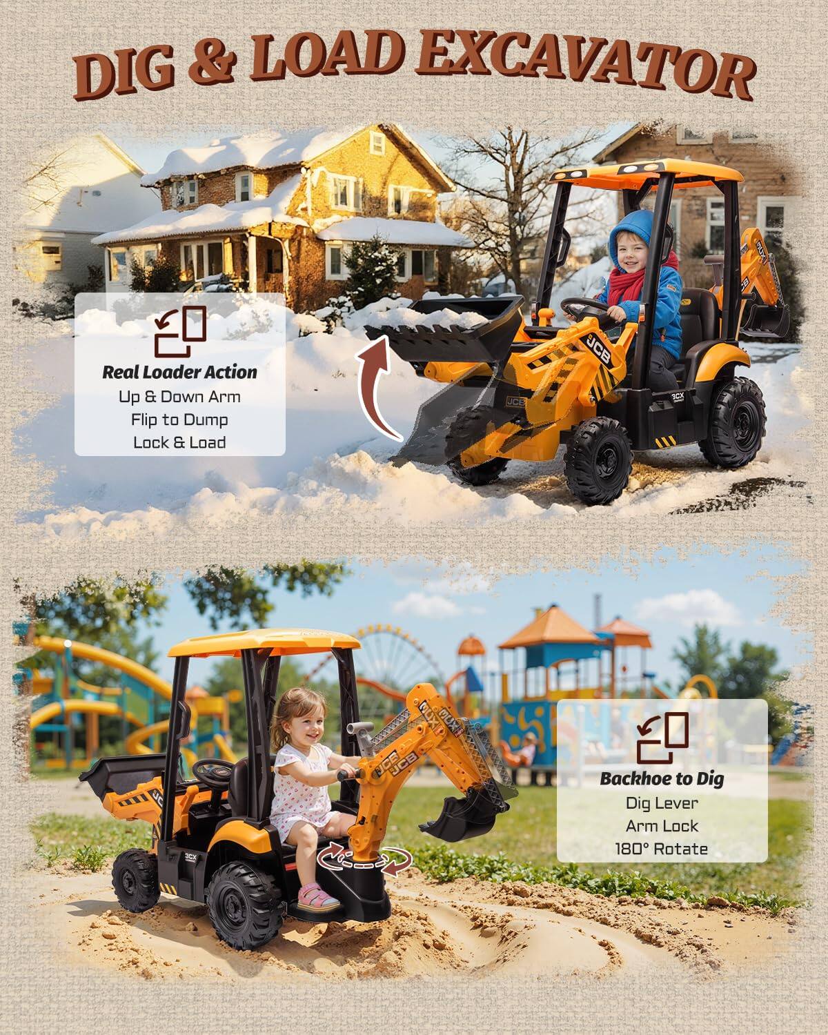 DIG & LOAD EXCAVATOR

Real Loader Action
Up & Down Arm
Flip to Dump
Lock & Load

Backhoe to Dig
Dig Lever
Arm Lock
180° Rotate
