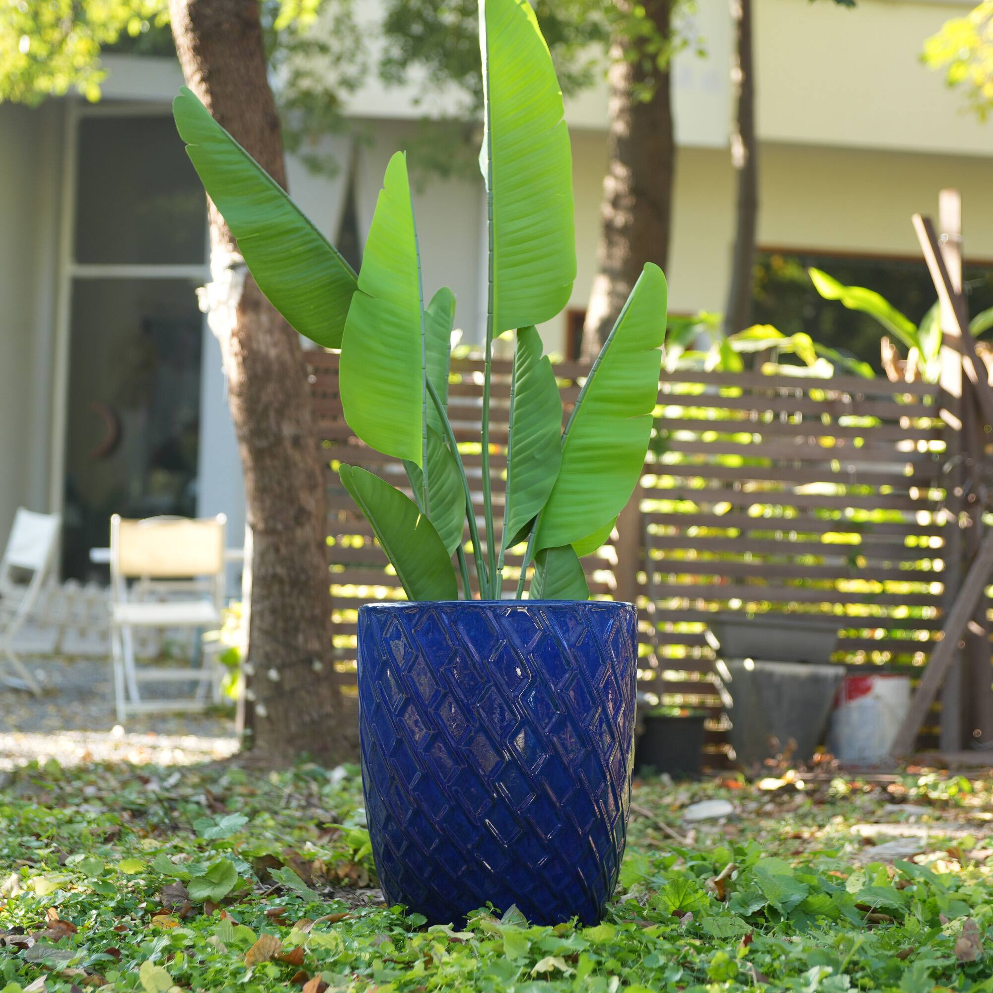 Left. Loheer - Loheer Ceramic Planter Pot, 17 Inch Navy Blue Handmade Clay Planter, Diamond Pattern Large Indoor Outdoor Planter.