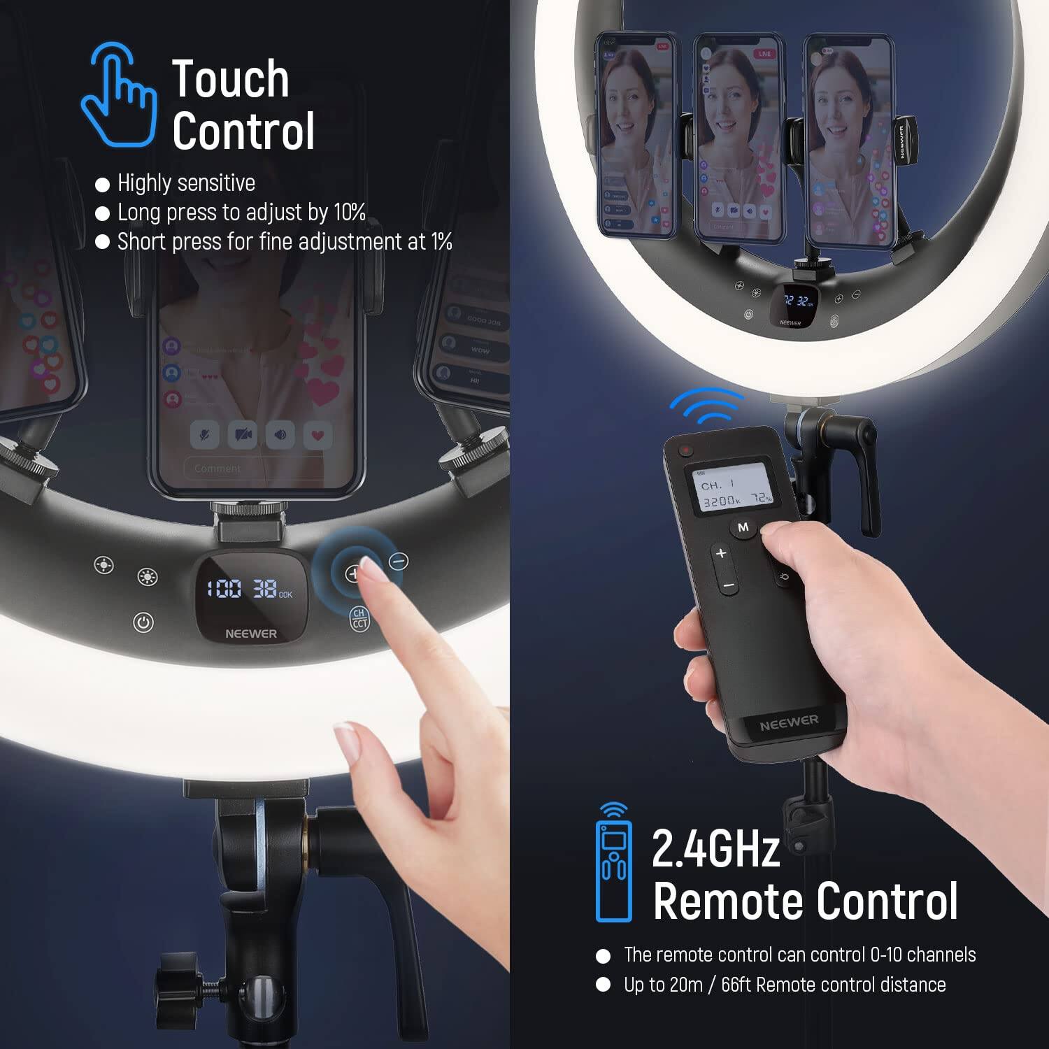 Touch Control  
- Highly sensitive  
- Long press to adjust by 10%  
- Short press for fine adjustment at 1%  

2.4GHz Remote Control  
- The remote control can control 0-10 channels  
- Up to 20m / 66ft Remote control distance
