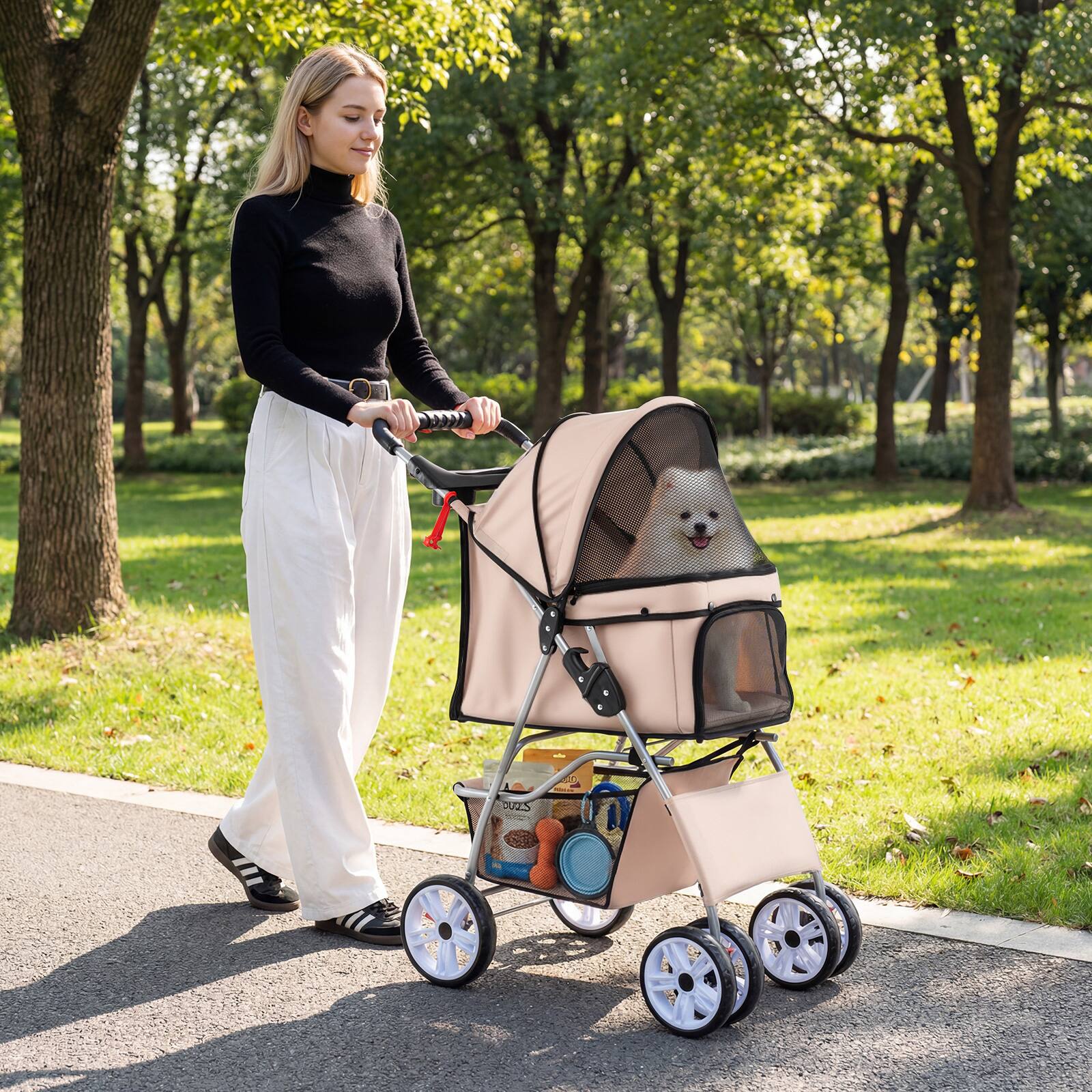 Alt View 1. Gymax - Gymax 4-Wheel Pet Stroller for Dogs Cats up to 33 LBS Foldable w/ Breathable Mesh Beige - Beige.