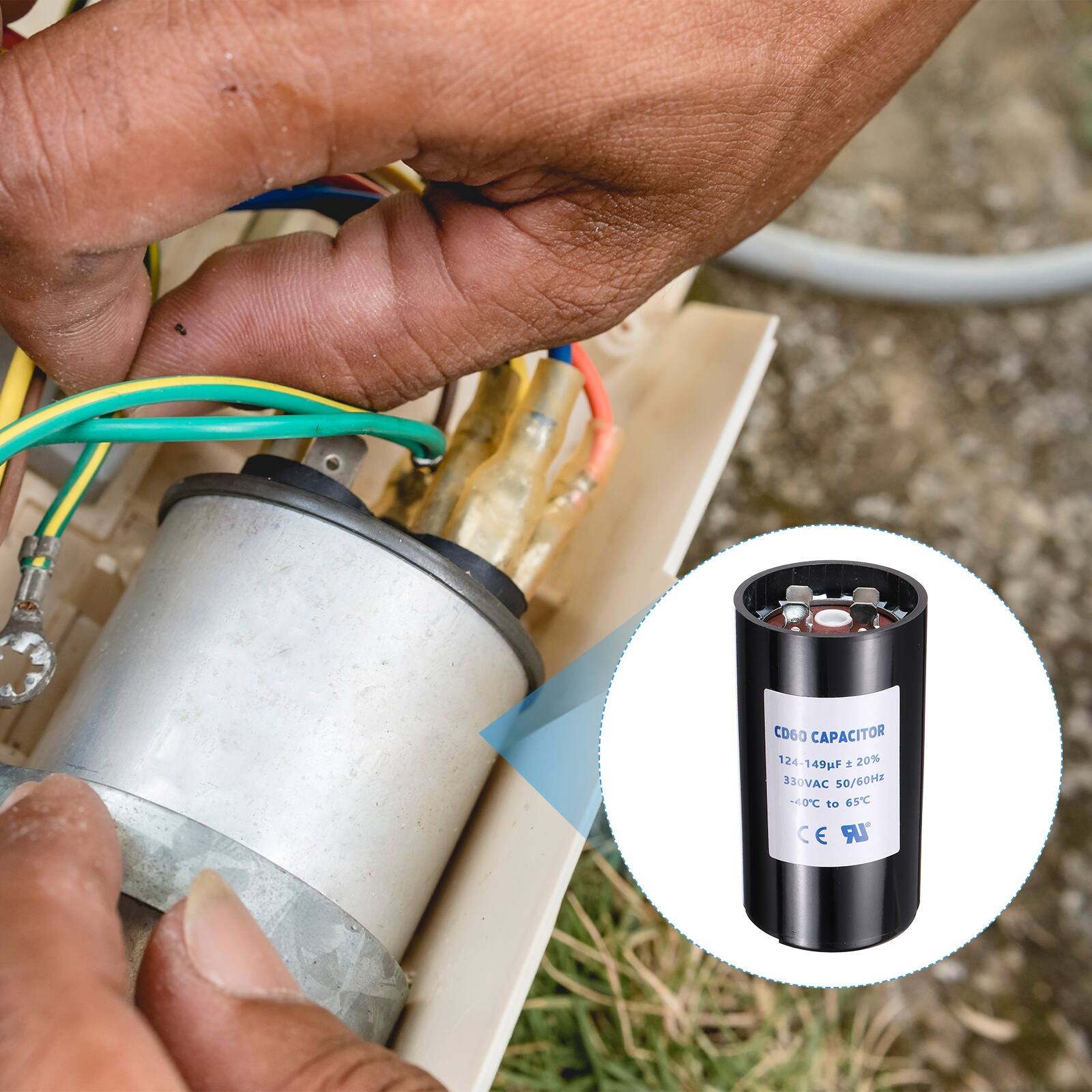 CD60 CAPACITOR  
124-149uF ±20%  
330VAC 50/60Hz  
-10°C to 65°C  
CE LR