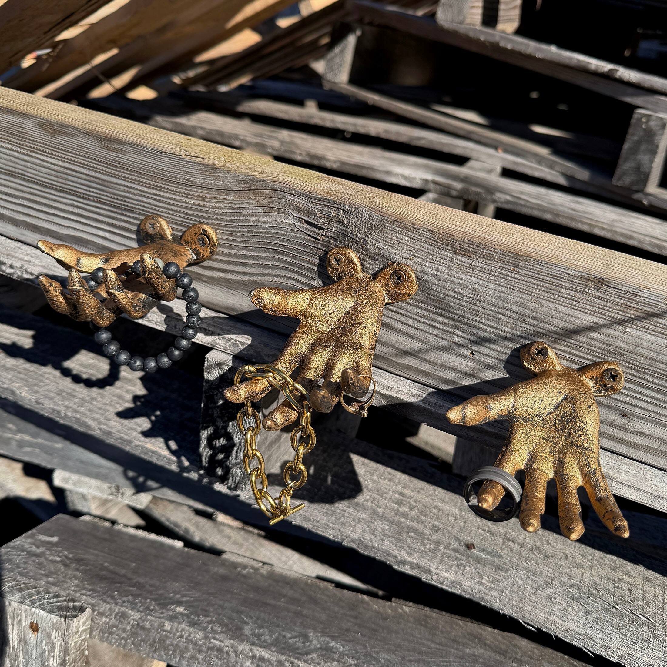 Alt View 5. Zeckos - Set of 3 Creepy Hand Wall Hooks Antique Gold Cast Iron Gothic Decor - Gold.