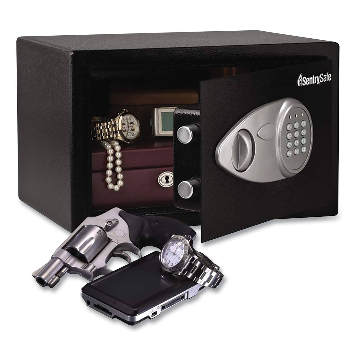 Left. Sentry - X055 Digital Security Safe, 0.58 Cu Ft, 13.8 X 10.6 X 8.7, Black/silver.
