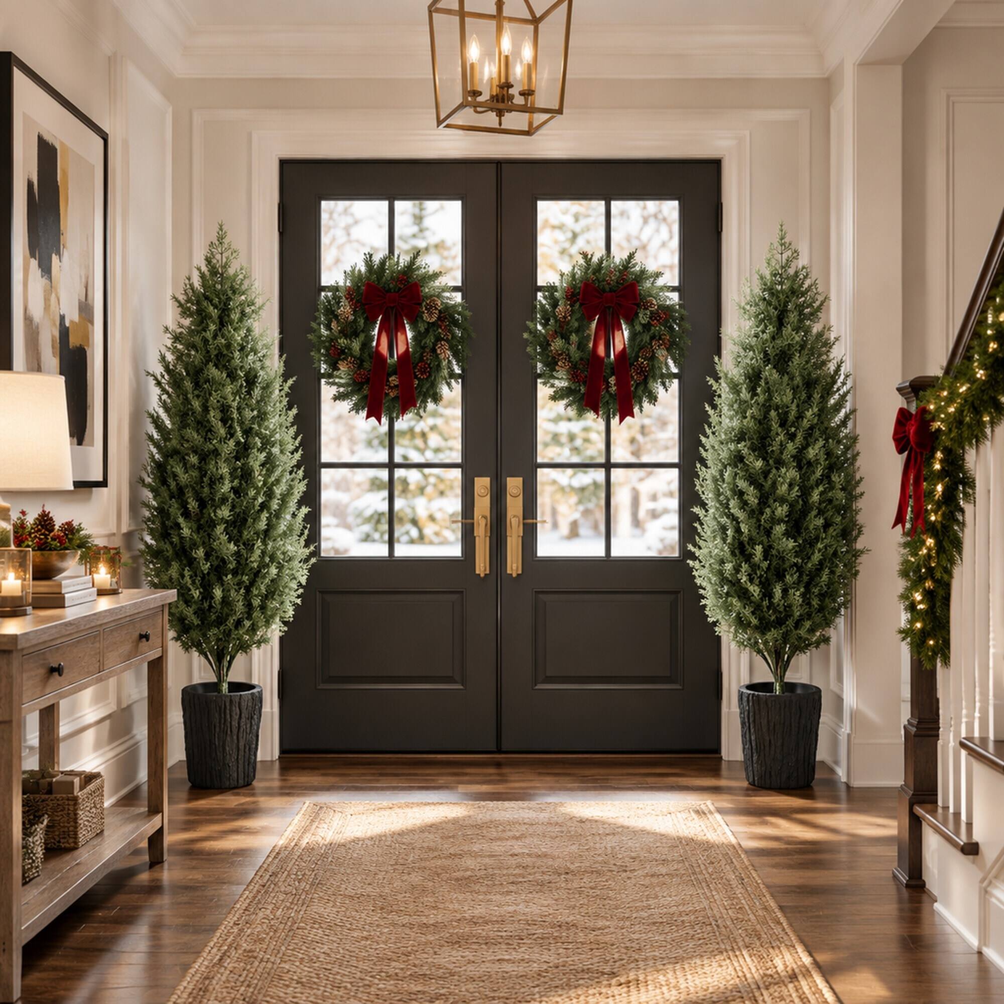 Alt View 2. RYHNUYNE - 4FT Artificial Cedar Christmas Tree Set of 2 With 291 PE Tips and Potted Base, UV Resistant - Green.