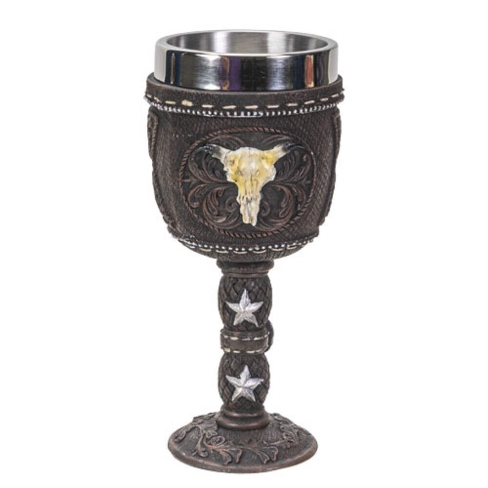 Pacific Trading - Western Cow Skull Wine Goblet Chalice Cup Resin Body Stainless Steel Cup 7 ounce - Multicolor