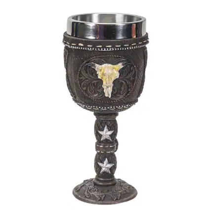 Front. Pacific Trading - Western Cow Skull Wine Goblet Chalice Cup Resin Body Stainless Steel Cup 7 ounce - Multicolor.