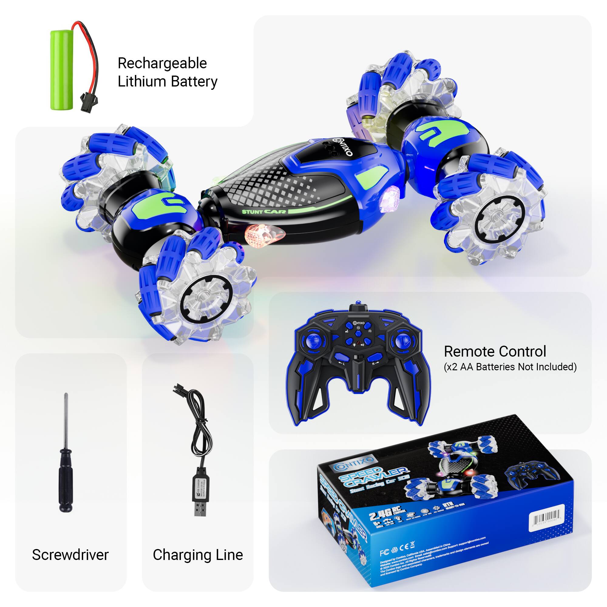 Rechargeable Lithium Battery

STUNT CAR

Remote Control (x2 AA Batteries Not Included)

Screwdriver

Charging Line

ONTIXO

246 S D 7B

FC CE