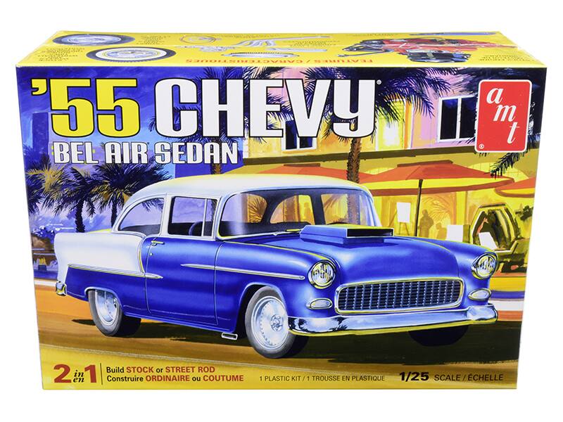 Sure, here is the corrected and grouped text from the image:

---

**'55 Chevy Bel Air Sedan**

**a m t**

**2 in 1**  
Build STOCK or STREET ROD  
Construire ORDINAIRE ou COUTUME

**1 PLASTIC KIT / 1 TROUSSE EN PLASTIQUE**

**1/25 SCALE / ÉCHELLE**

---