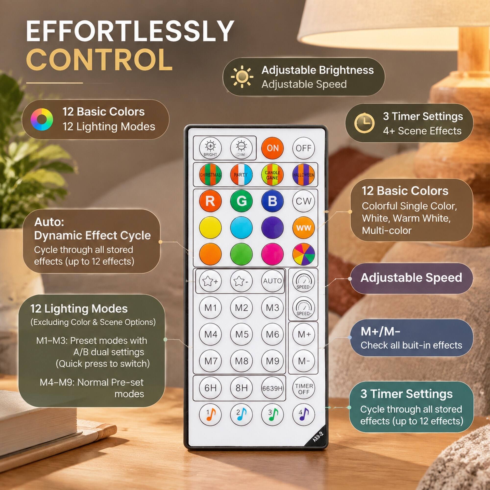 EFFORTLESSLY CONTROL

Adjustable Brightness
Adjustable Speed

12 Basic Colors
12 Lighting Modes

3 Timer Settings
4+ Scene Effects

BRIGHT
ON
OFF

Auto: Dynamic Effect Cycle
Cycle through all stored effects (up to 12 effects)

12 Basic Colors
Colorful Single Color, White, Warm White, Multi-color

12 Lighting Modes (Excluding Color & Scene Options)
M1-M3: Preset modes with A/B dual settings (Quick press to switch)
M4-M9: Normal Pre-set modes

M+/M- Check all built-in effects

3 Timer Settings
Cycle through all stored effects (up to 12 effects)
