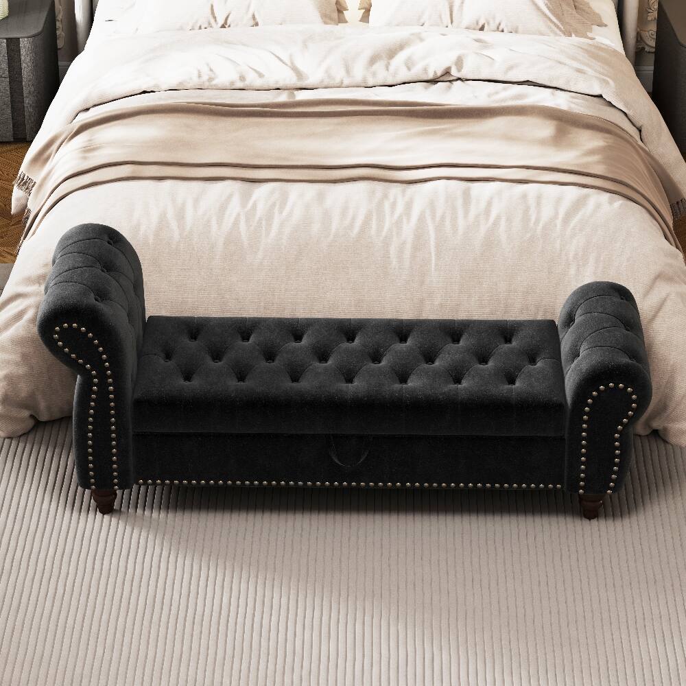 Angle. Ropilly - Ropilly Black Velvet Bed Bench with Storage Tufted Chaise Lounge - Black.