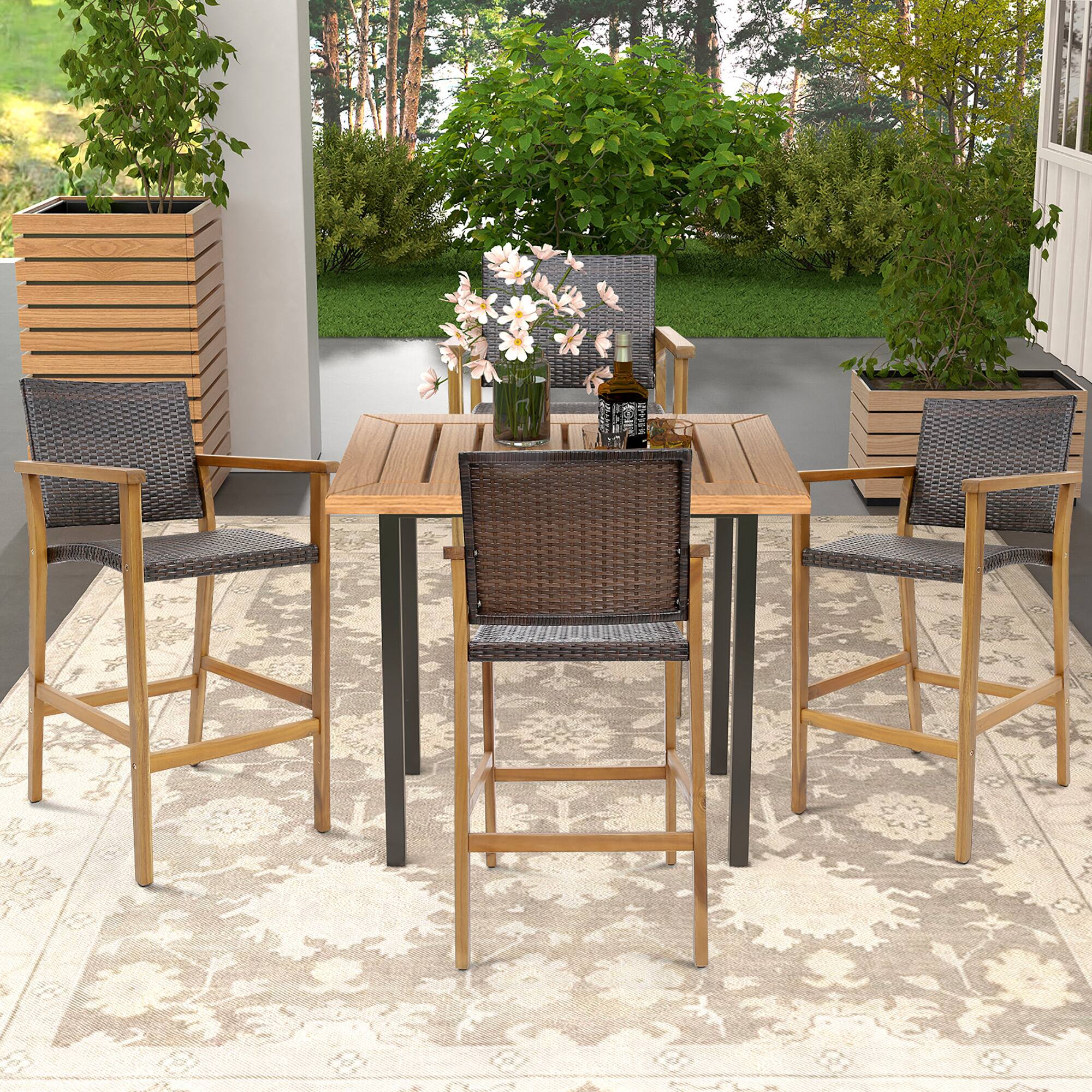 Alt View 4. Gymax - Gymax Patio Rattan Bar Stool Set of 2 Outdoor PE Wicker Bar Chairs w/ Armrests & Sturdy Footrests - Teak, Mix Brown.
