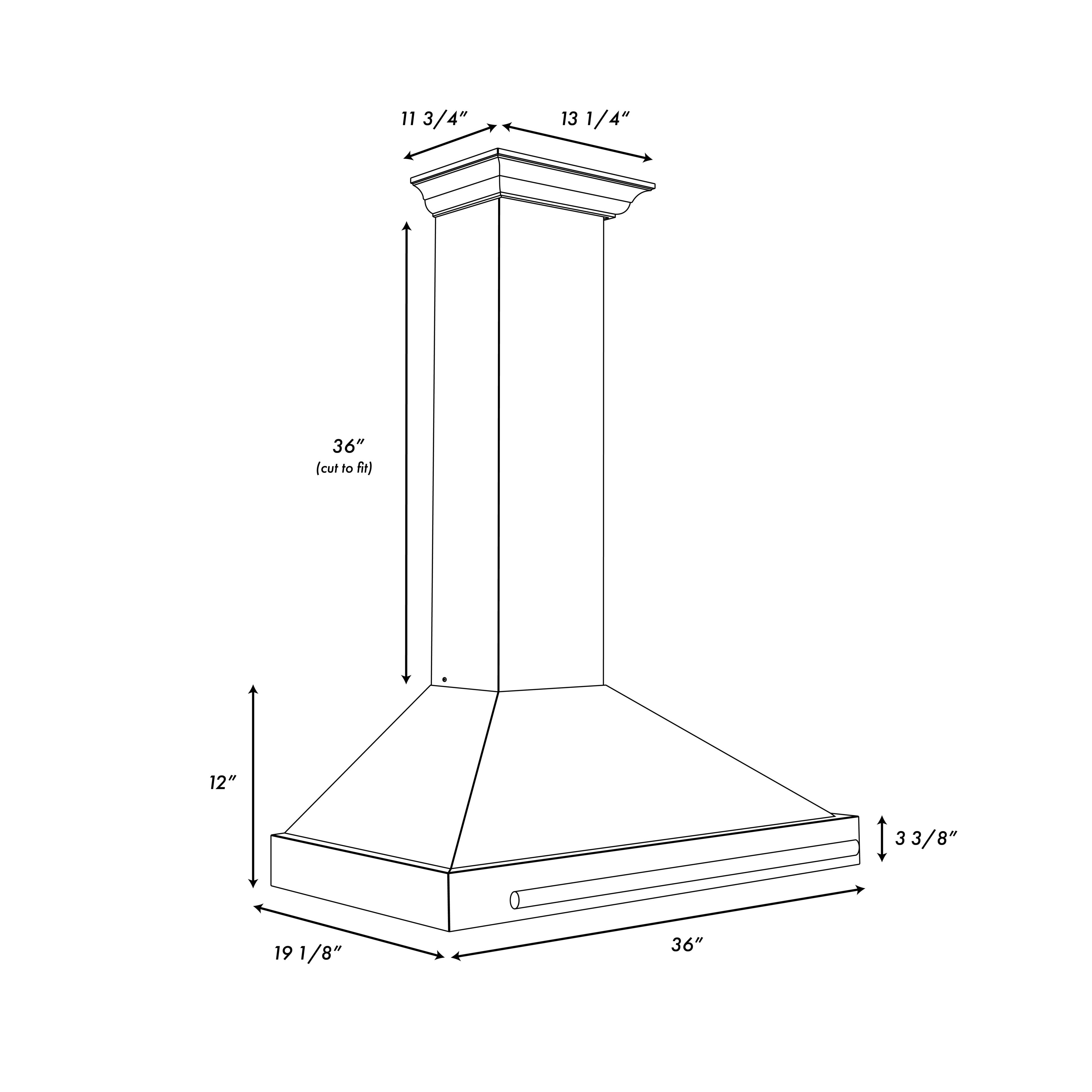 The image shows a drawing of a fireplace mantel with measurements. The measurements are as follows: 11 3/4" 13 1/4" 36" (cut to 33 1/8") 12" 19 1/8".