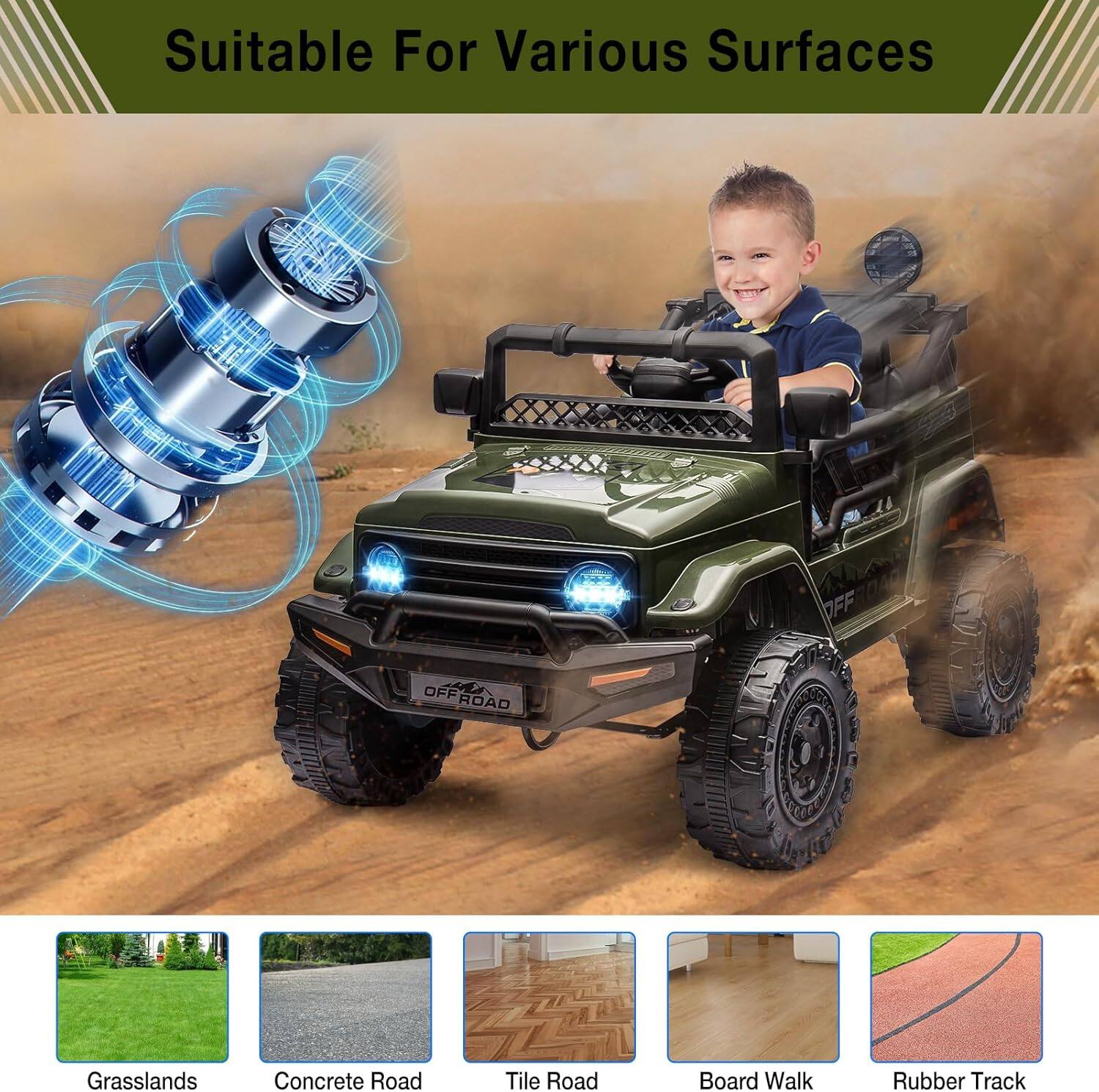 Suitable For Various Surfaces

- Grasslands
- Concrete Road
- Tile Road
- Board Walk
- Rubber Track