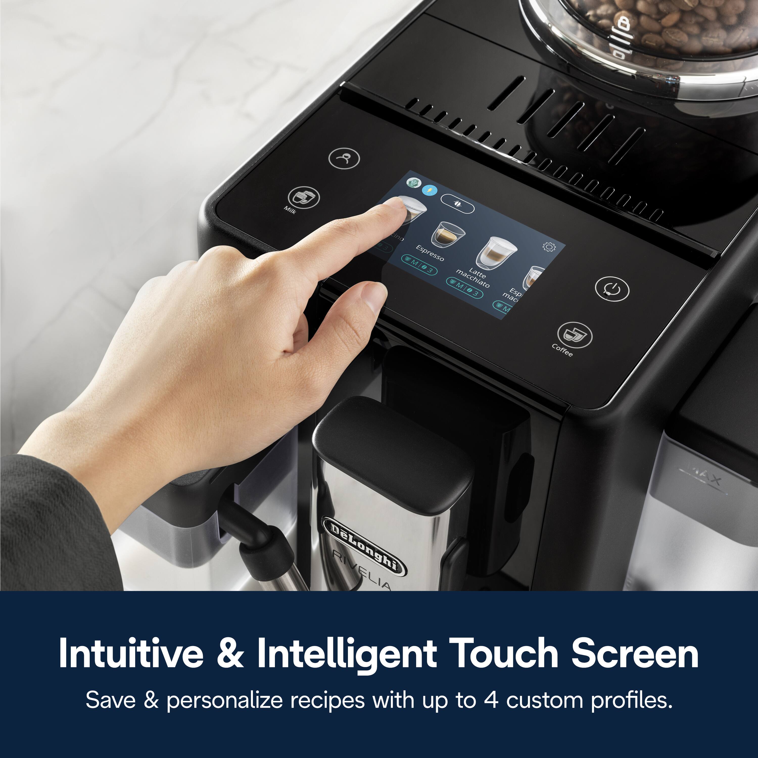 DeLonghi FIVELIA Intuitive & Intelligent Touch Screen Save & personalize recipes with up to 4 custom profiles. Espresso Macchiato Lame Coffee