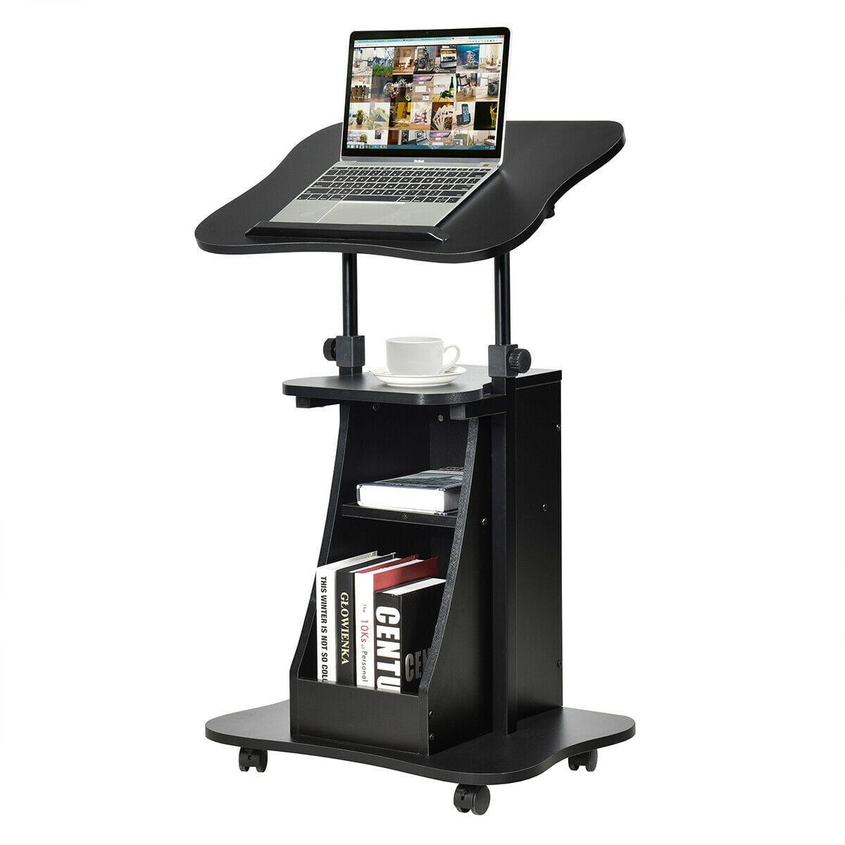 Gymax - Sit-to-Stand Laptop Desk Cart Rolling Mobile Height Adjustable w/ Storage - Black