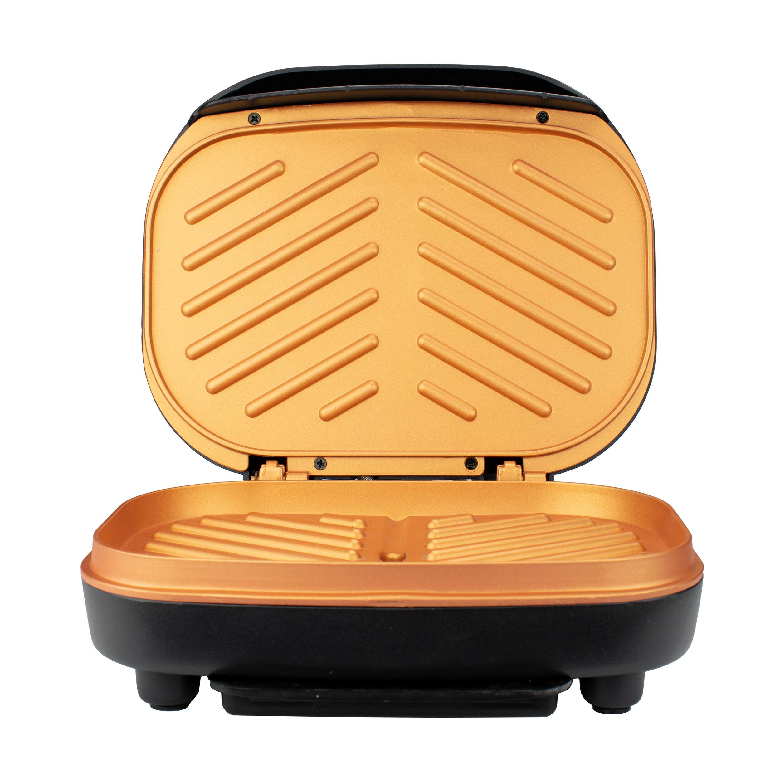 Alt View 4. Brentwood - Brentwood TS-606BK 2-Serving Non-Stick 750w Indoor Electric Copper Grill and Panini Press in Black - Copper.