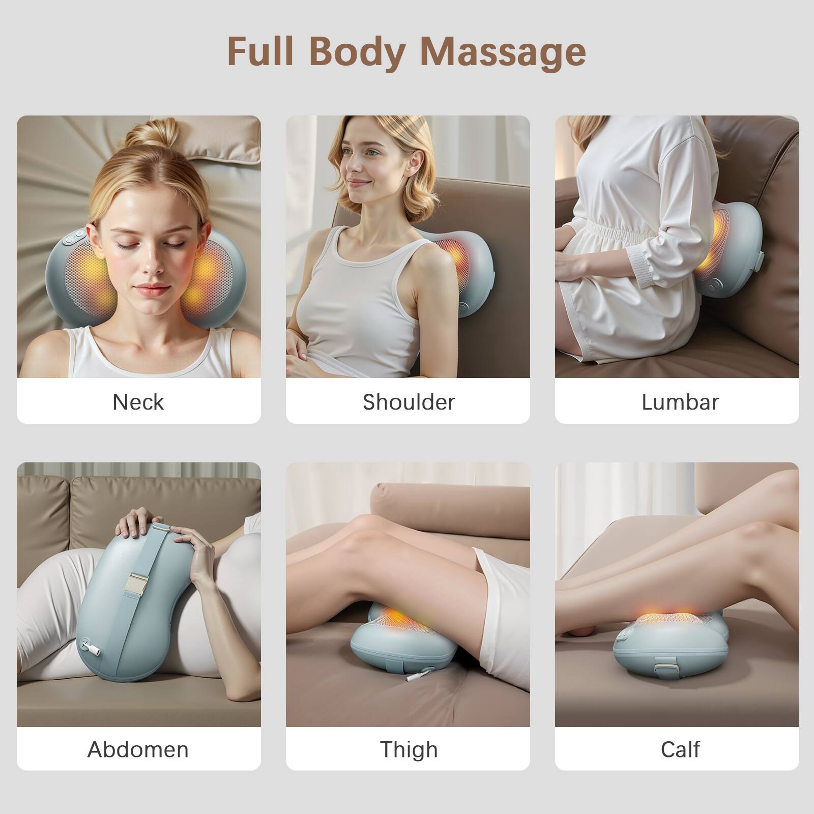 Full Body Massage

- Neck
- Shoulder
- Lumbar
- Abdomen
- Thigh
- Calf
