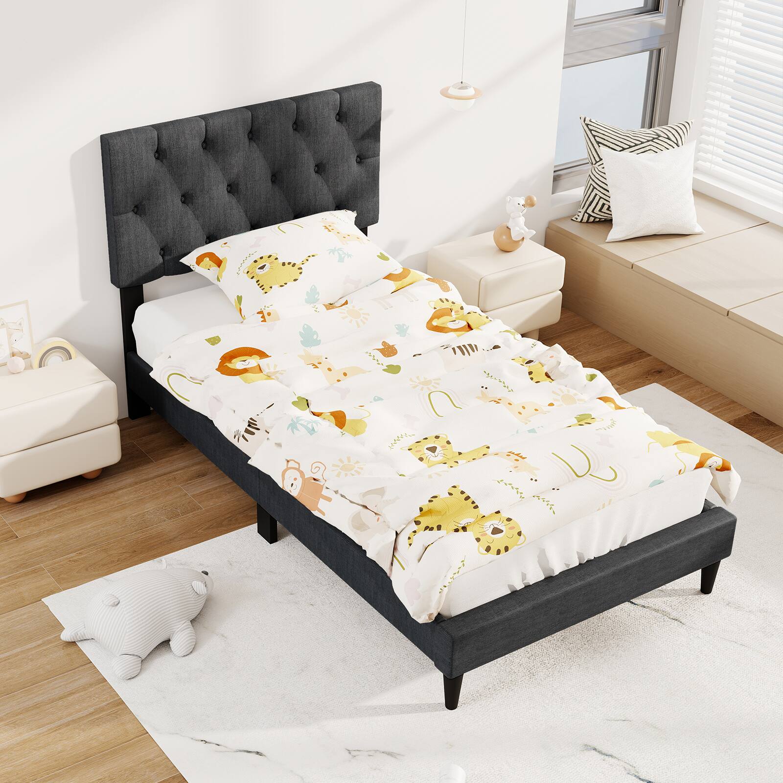Alt View 5. LUCKY ONE - Twin Assembled Upholstered Platform Bed with Tufted Headboard Wooden Slats Gray - Gray-Twin.