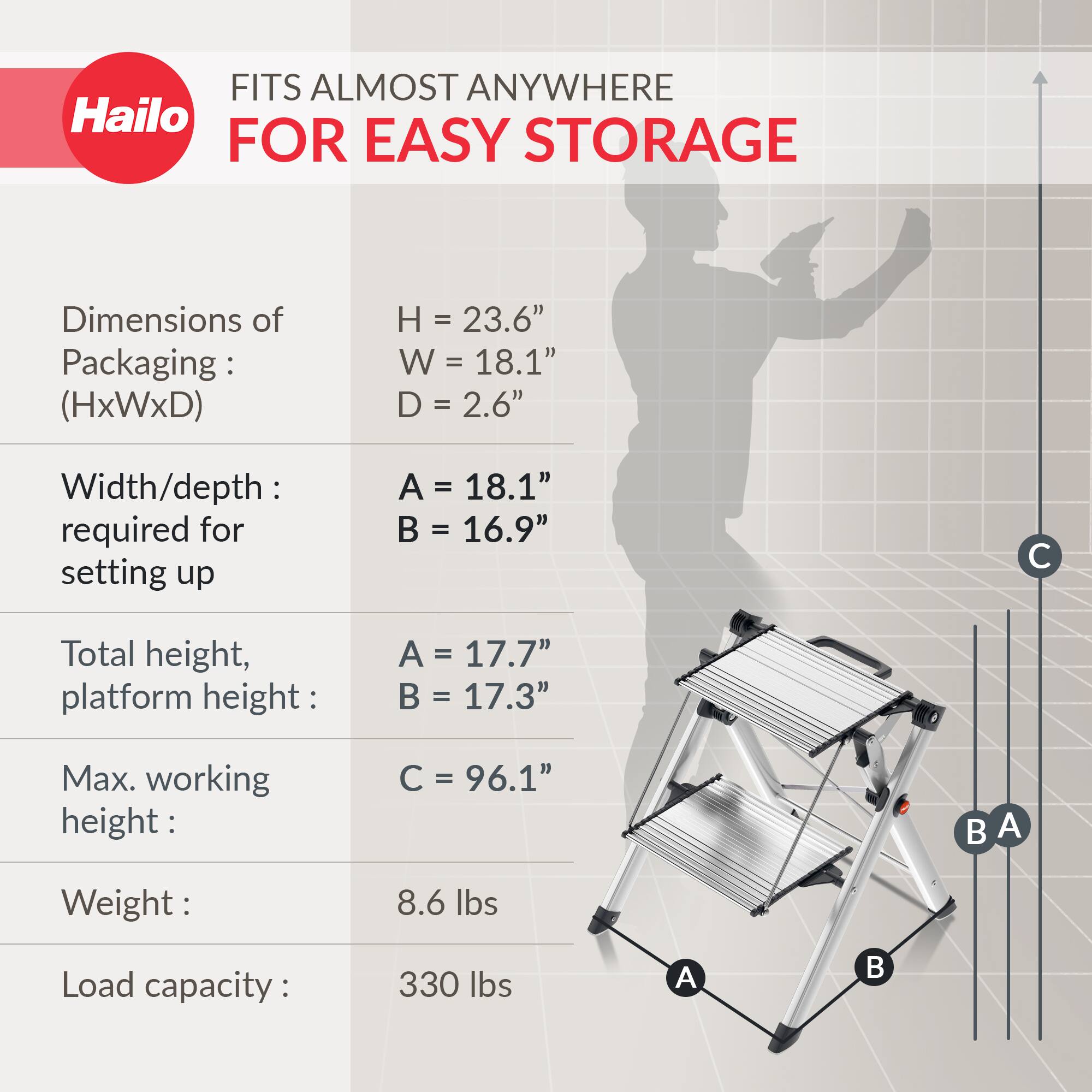 FITS ALMOST ANYWHERE FOR EASY STORAGE

Dimensions of Packaging: (HxWxD)
- H = 23.6"
- W = 18.1"
- D = 2.6"

Width/depth required for setting up
- A = 18.1"
- B = 16.9"

Total height, platform height
- A = 17.7"
- B = 17.3"

Max. working height
- C = 96.1"

Weight
- 8.6 lbs

Load capacity
- 330 lbs