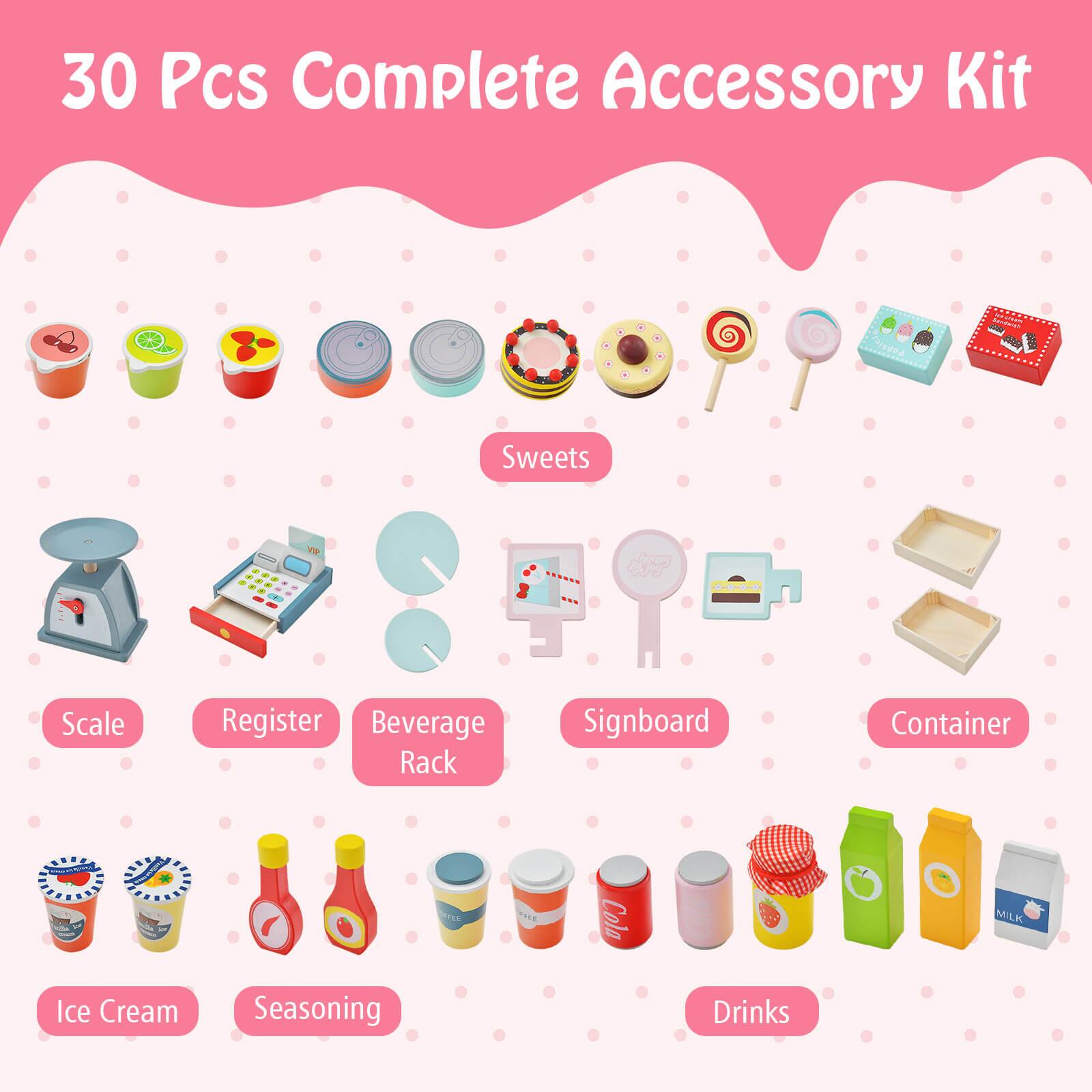 30 Pcs Complete Accessory Kit

Sweets

Scale

Register

Beverage Rack

Signboard

Container

Ice Cream

Seasoning

Drinks